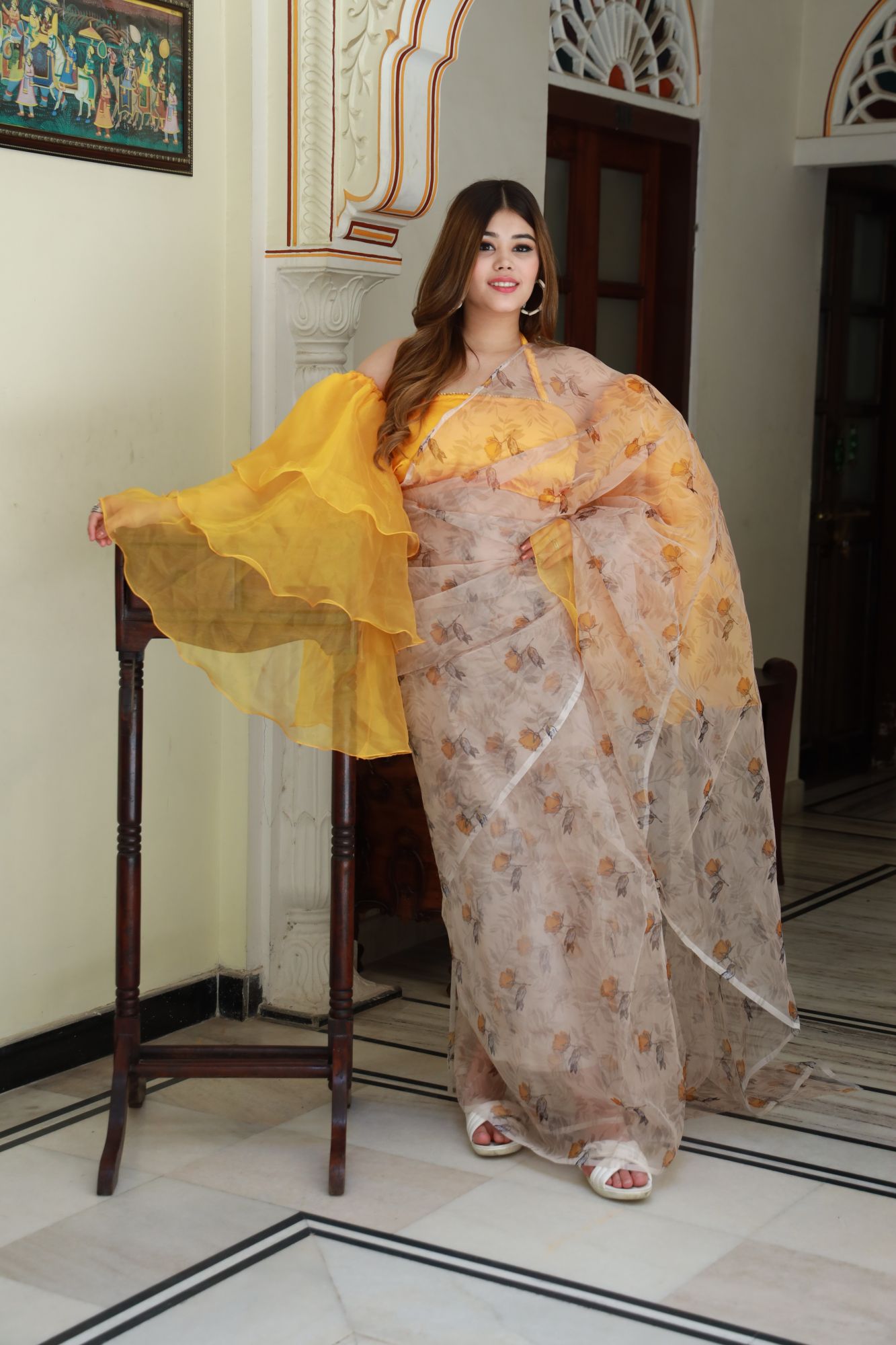 Beige Mustard Floral Saree