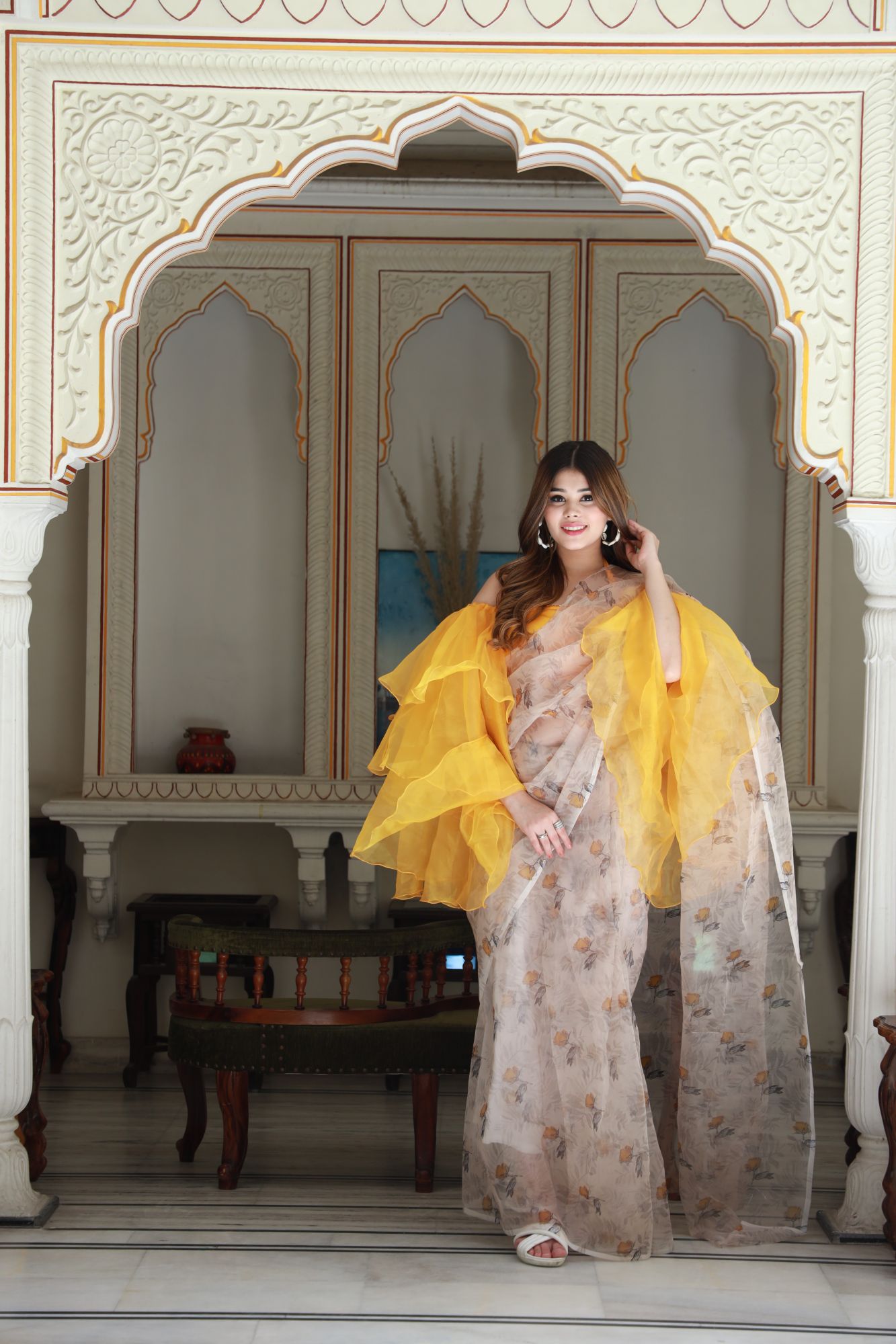 Beige Mustard Floral Saree