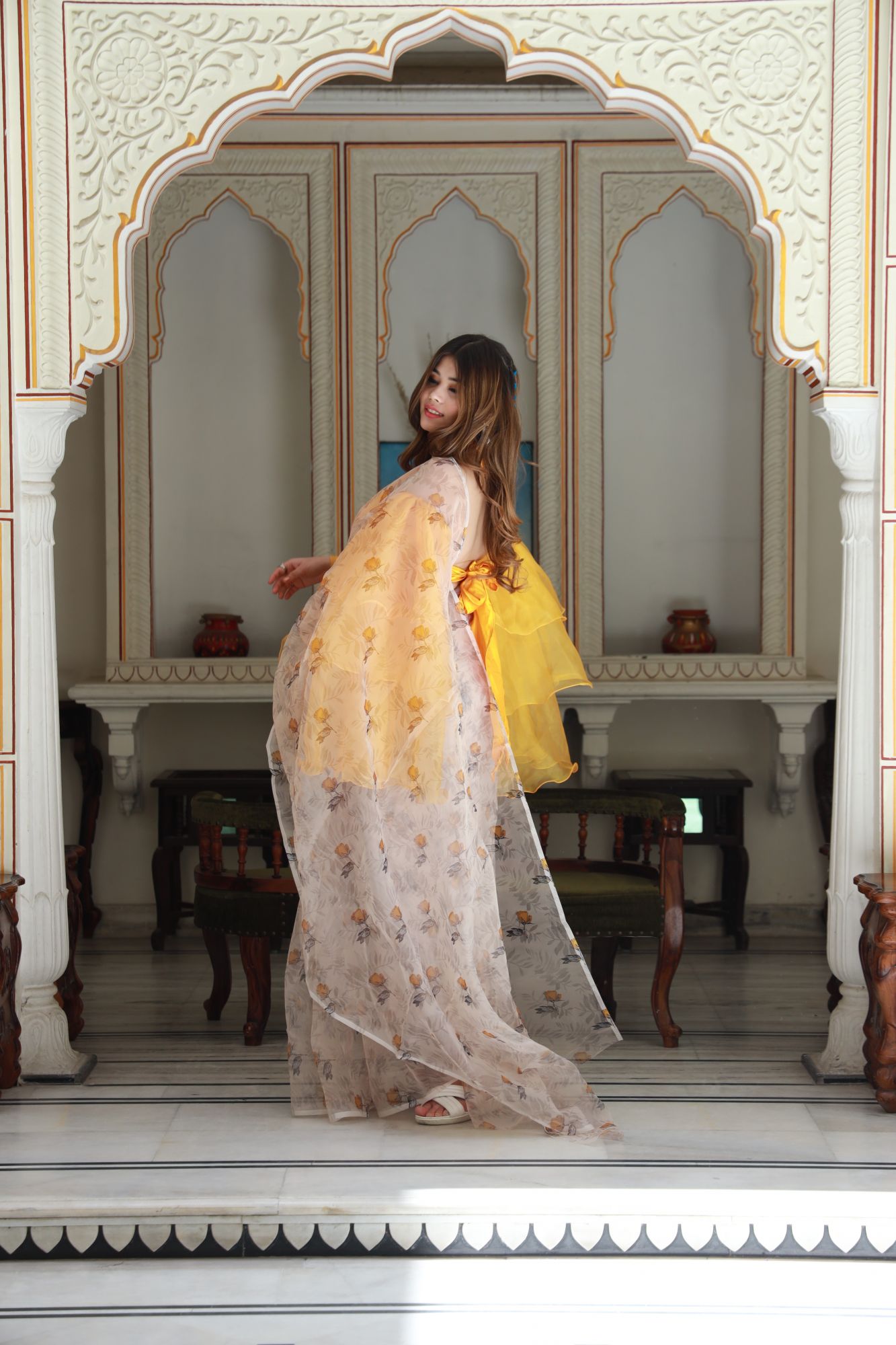 Beige Mustard Floral Saree