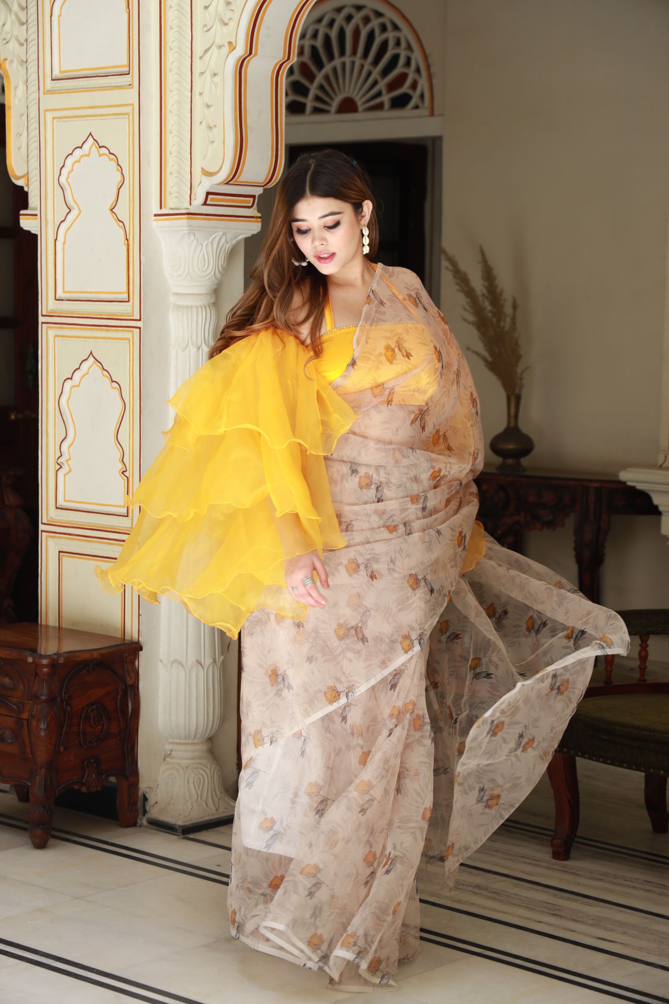 Beige Mustard Floral Saree