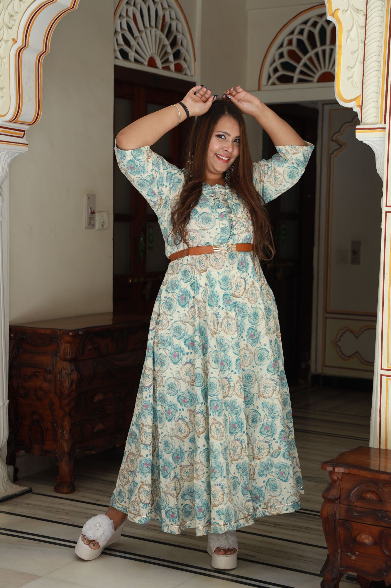 Blue and gold rose Anarkali Dress