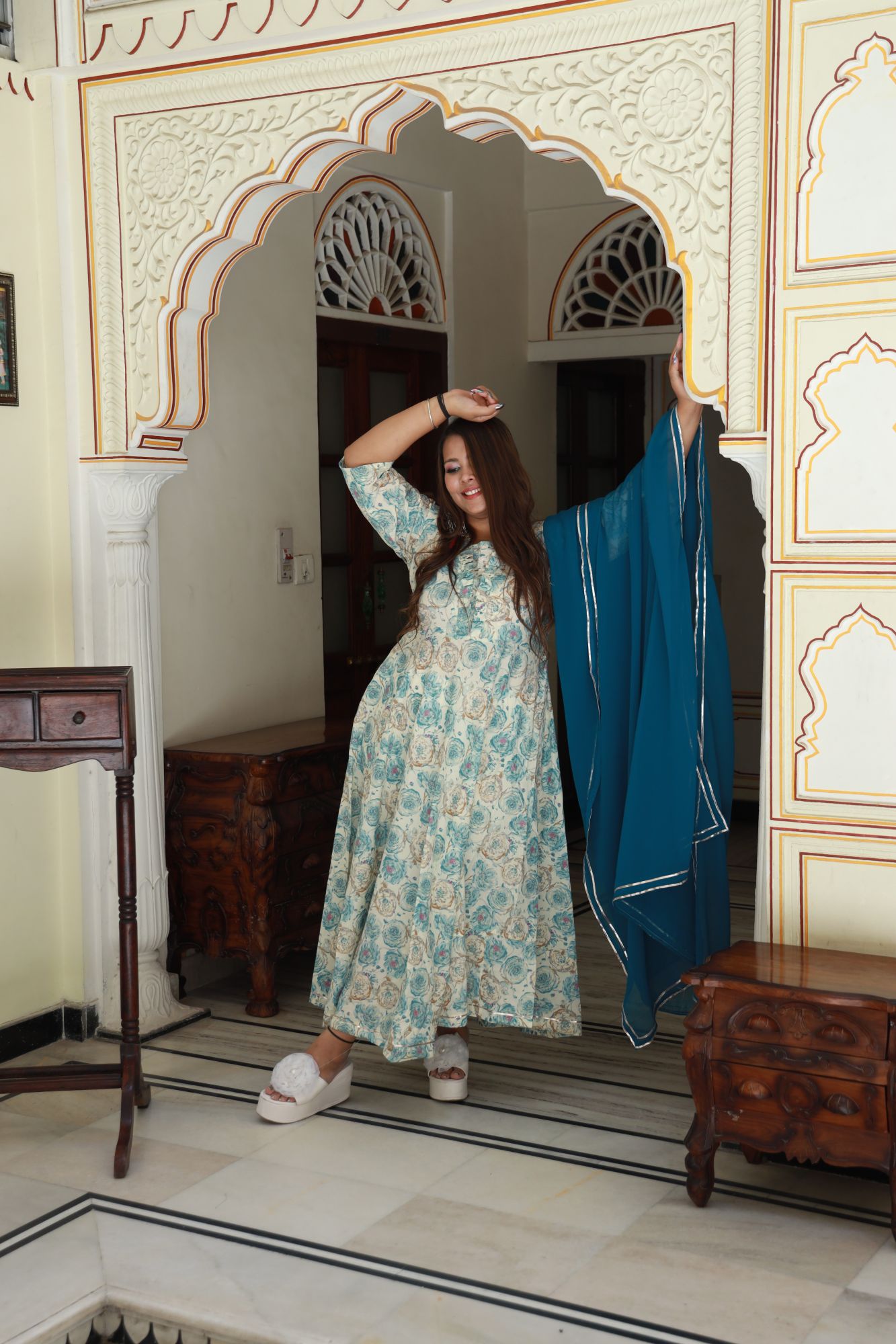 Blue and gold rose Anarkali Set