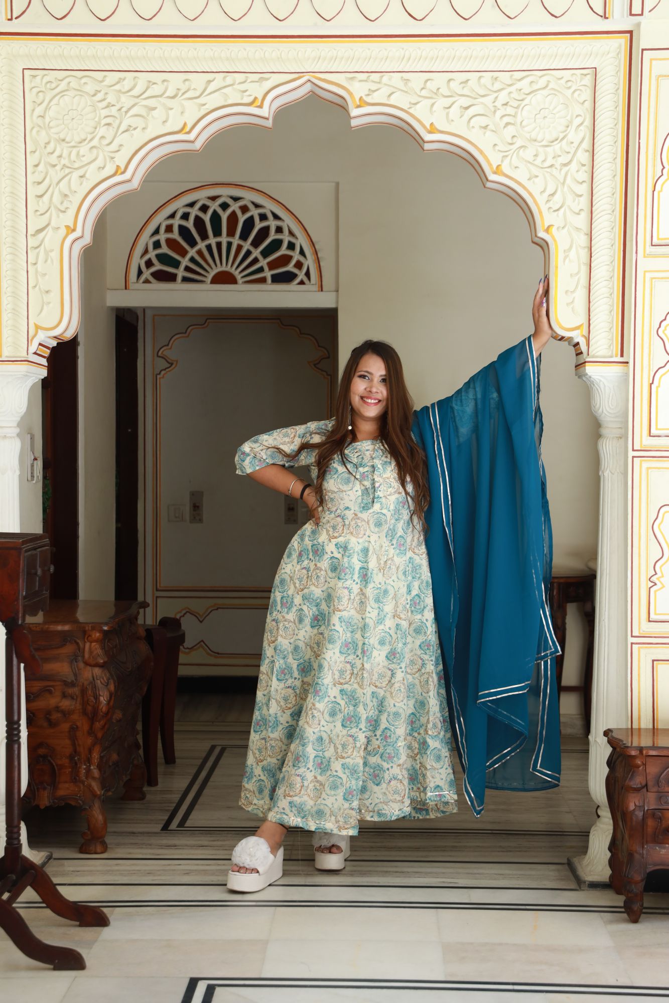 Blue and gold rose Anarkali Set