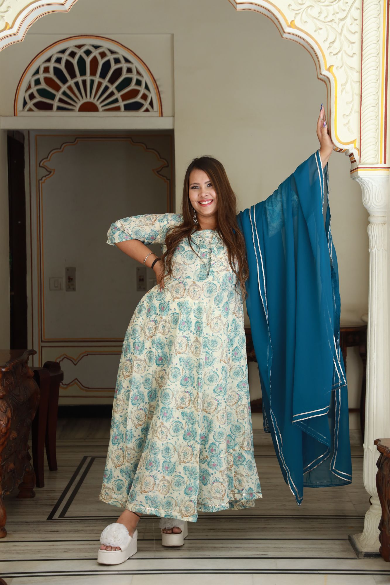 Blue and gold rose Anarkali Set