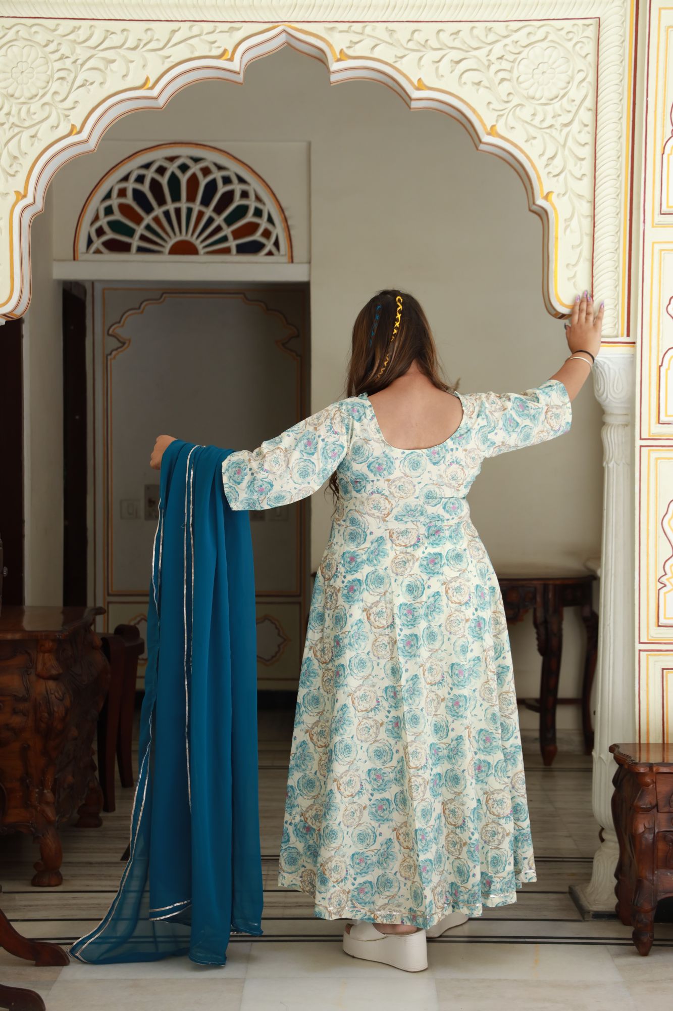 Blue and gold rose Anarkali Set