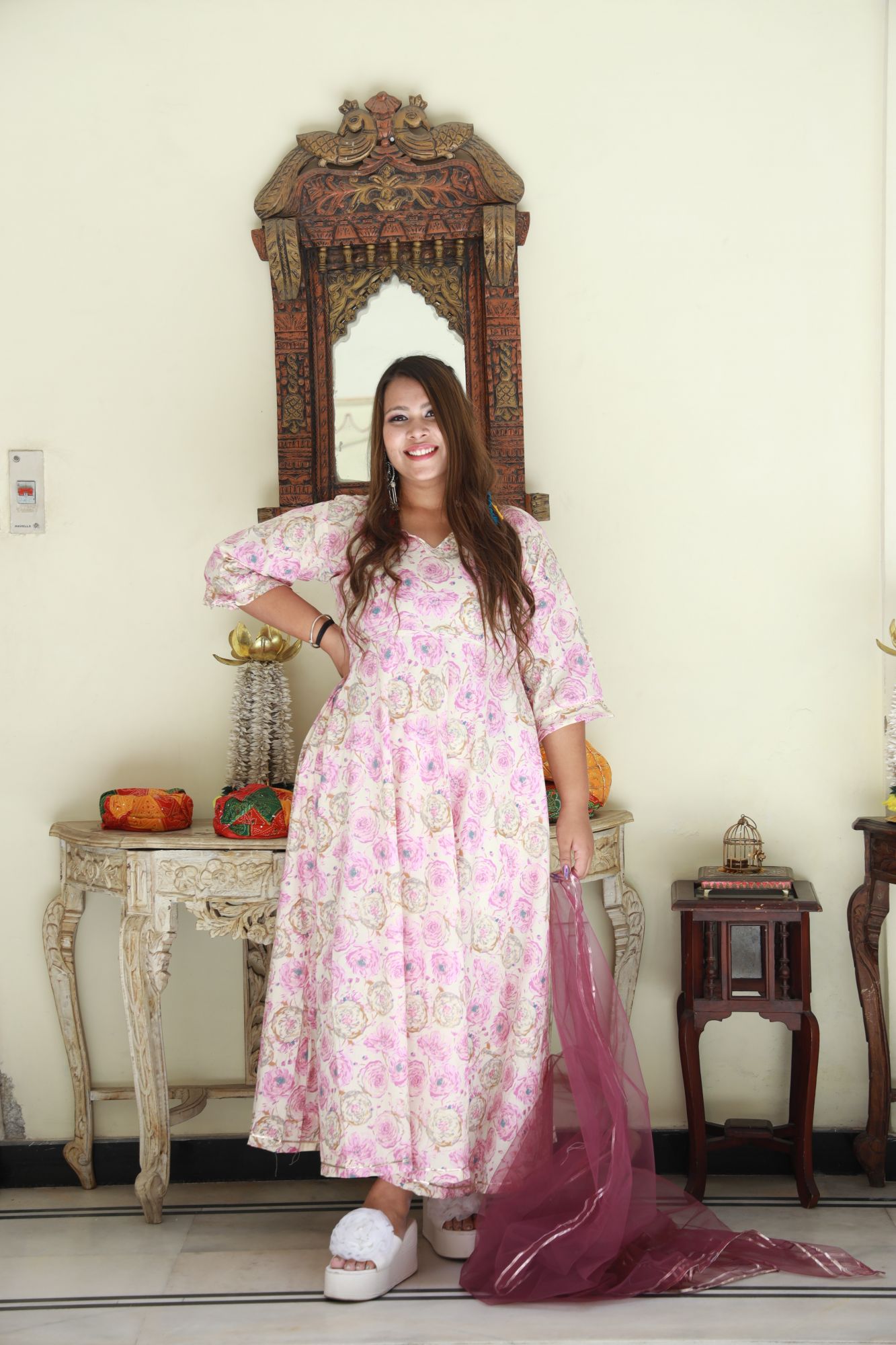 Pink and gold rose Anarkali Set