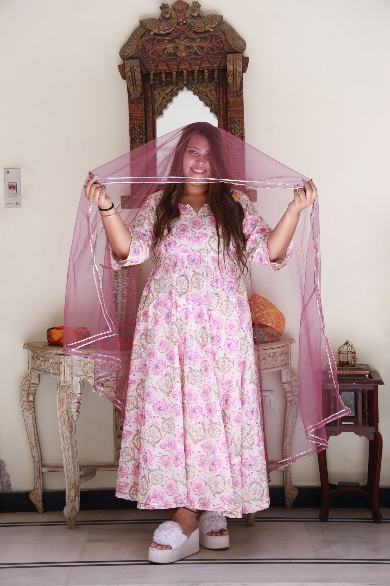 Pink and gold rose Anarkali Set