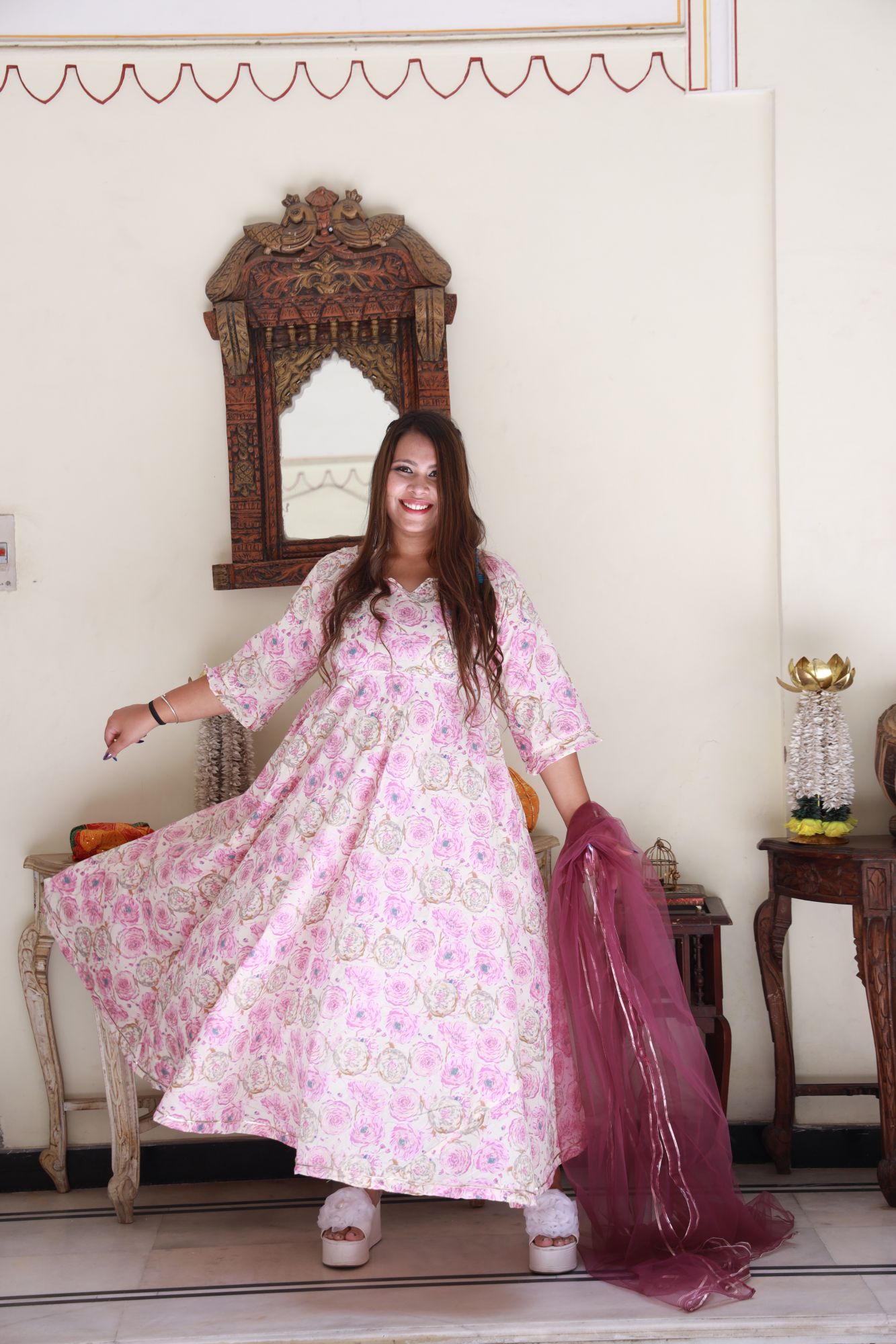 Pink and gold rose Anarkali Set