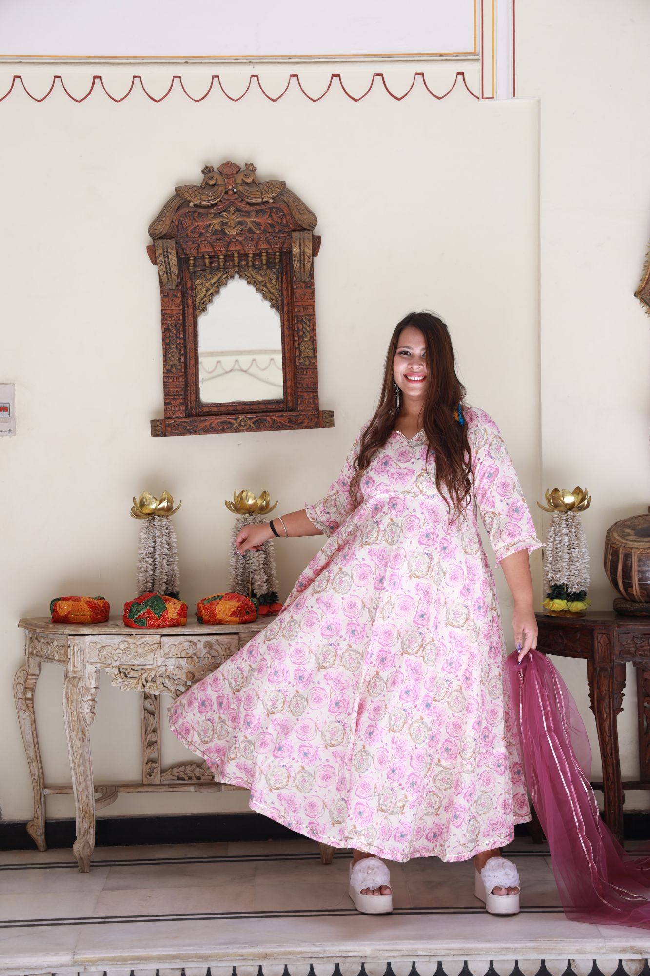 Pink and gold rose Anarkali Set