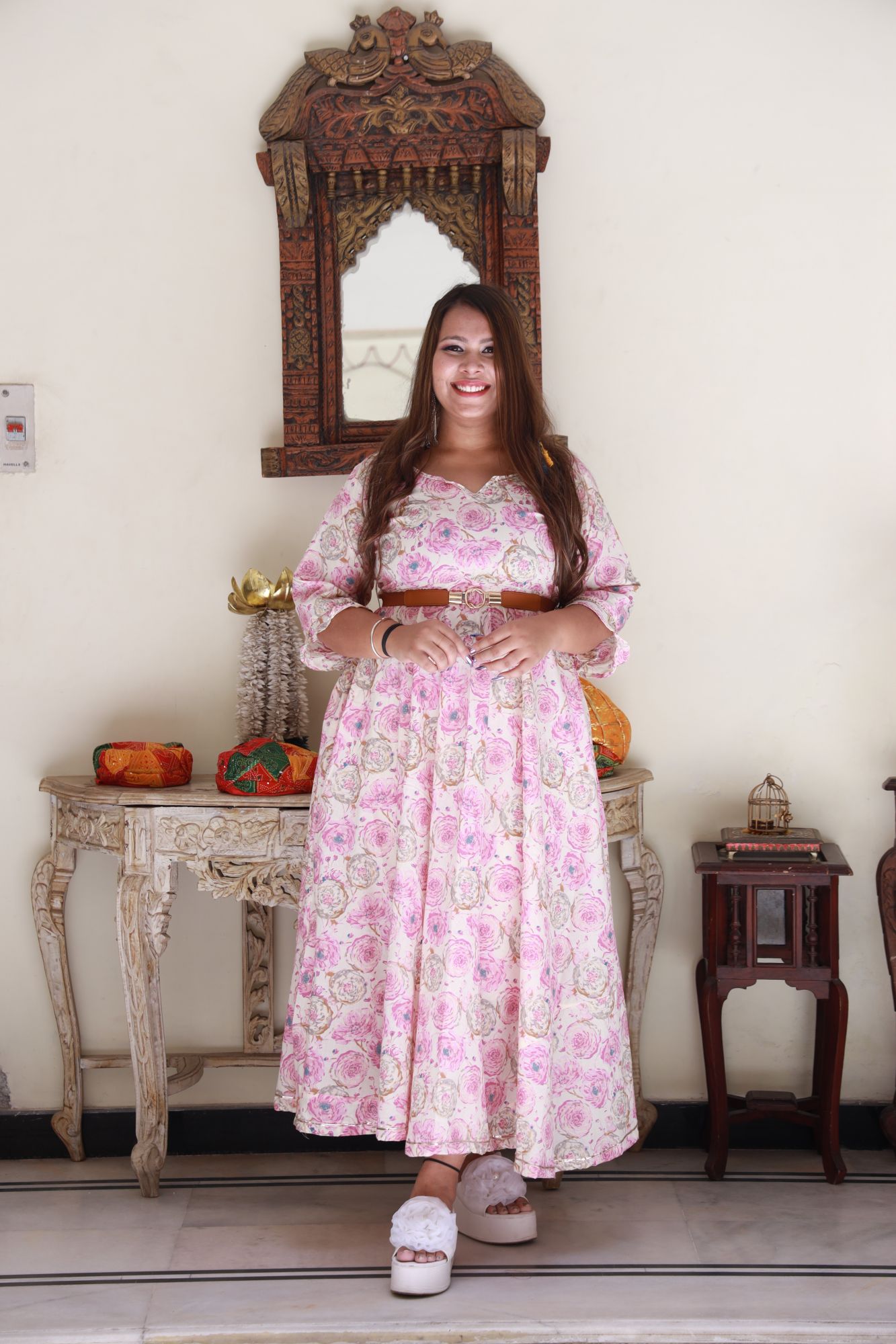 Pink and gold rose Anarkali Dress