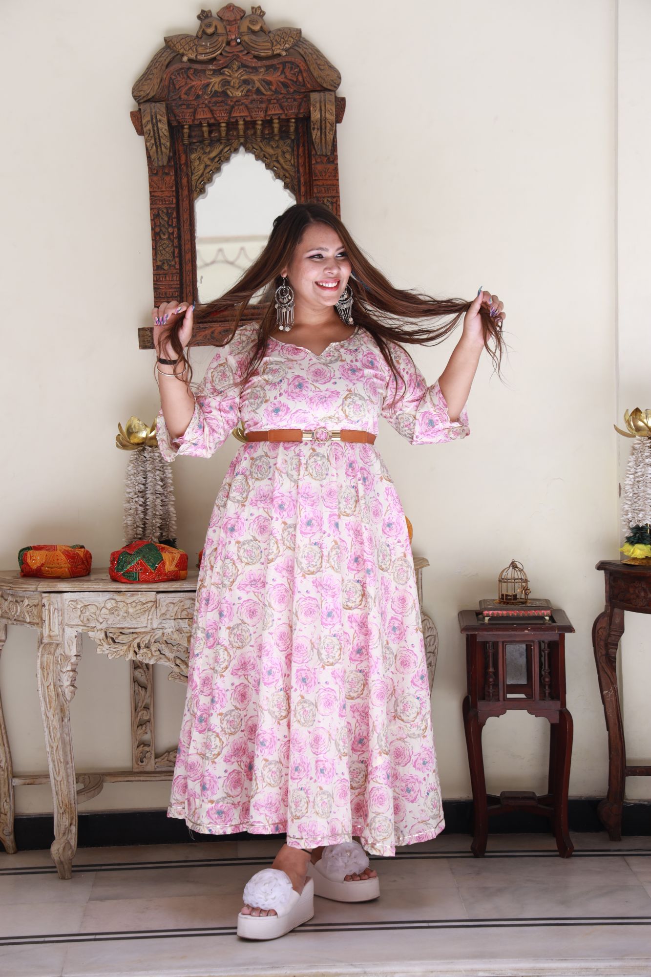 Pink and gold rose Anarkali Dress