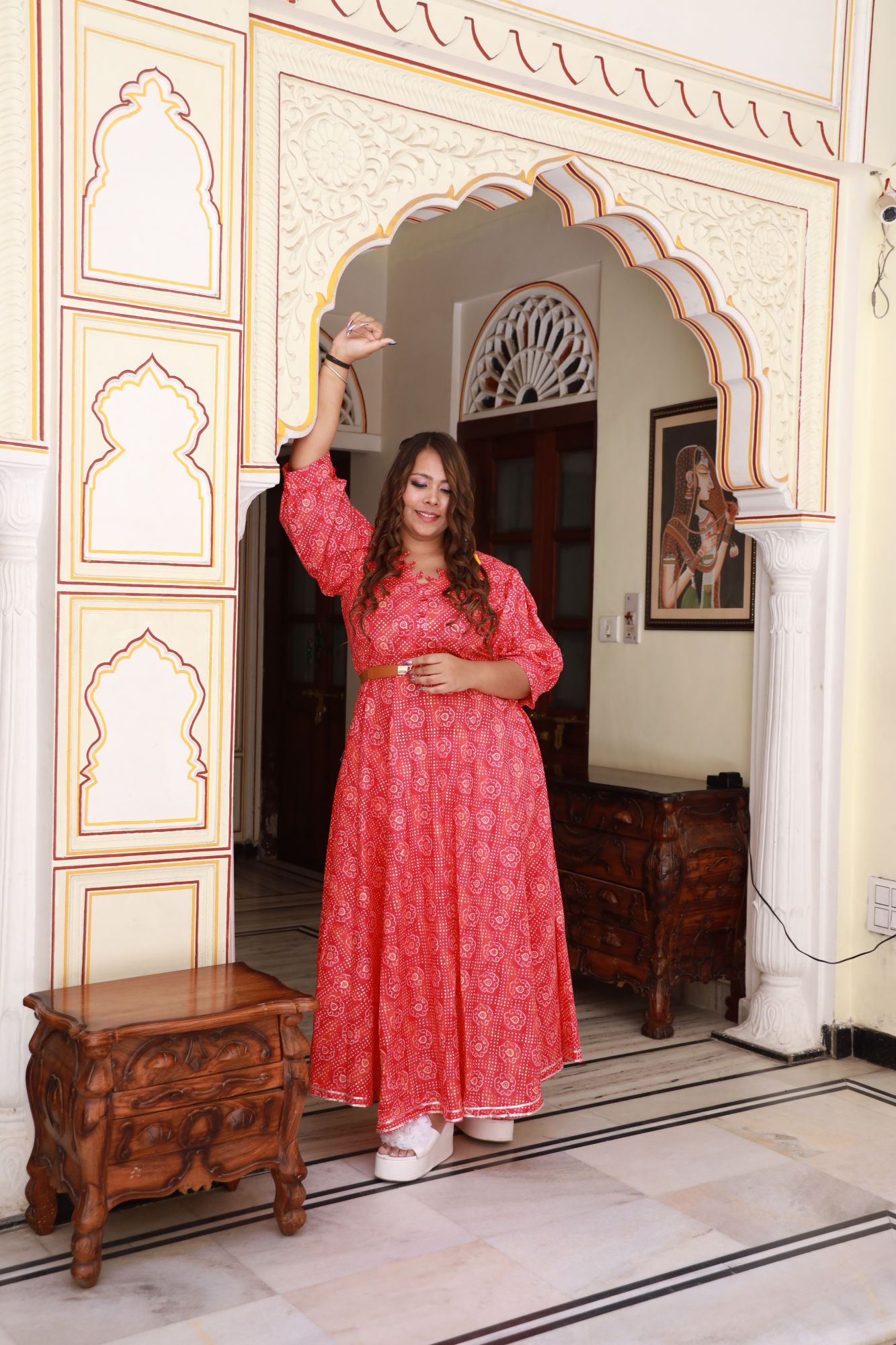 Red bandhani gold Anarkali Dress