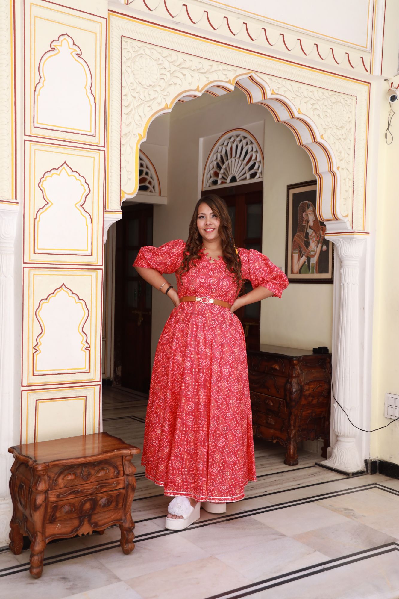 Red bandhani gold Anarkali Dress