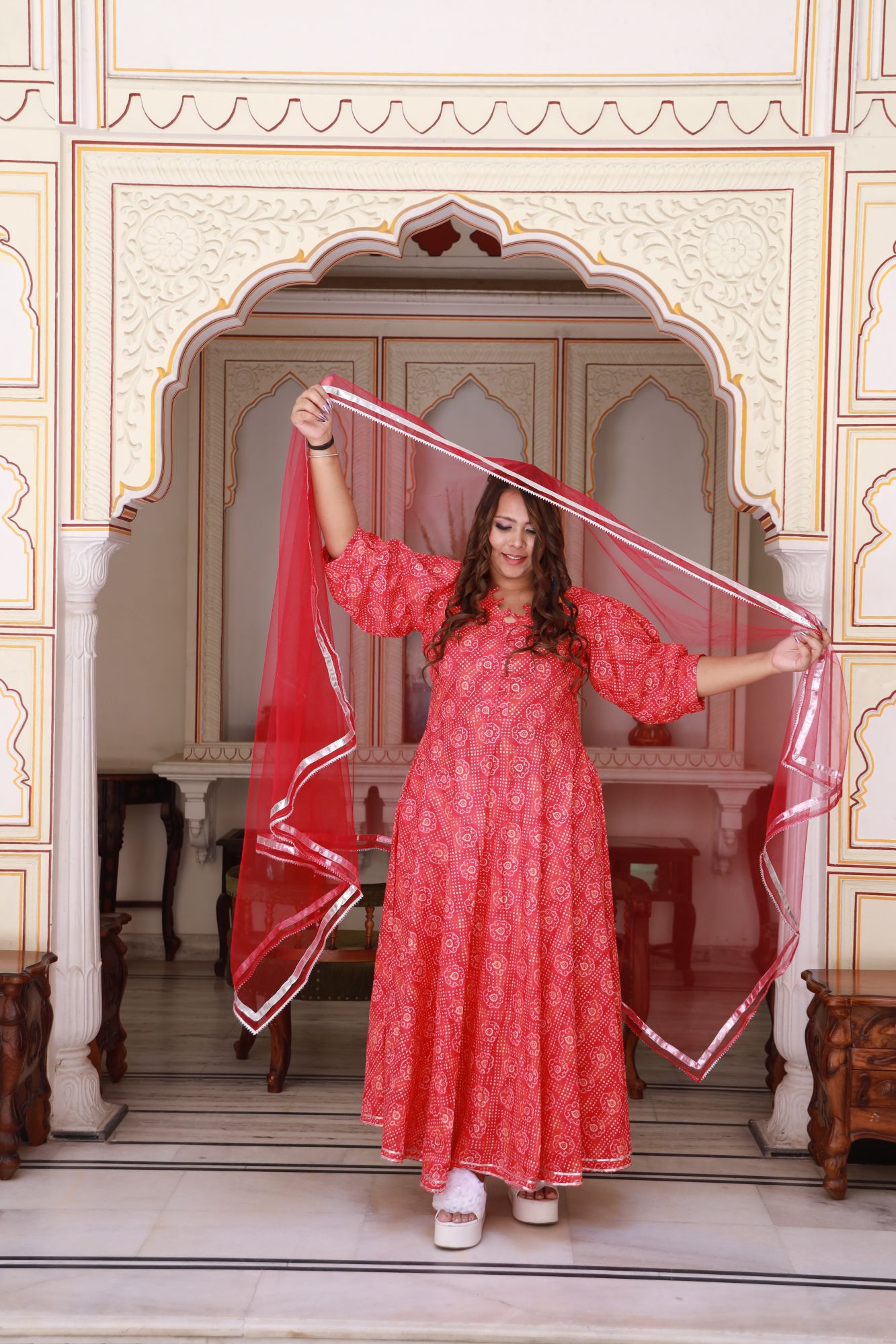 Red bandhani gold Anarkali Set