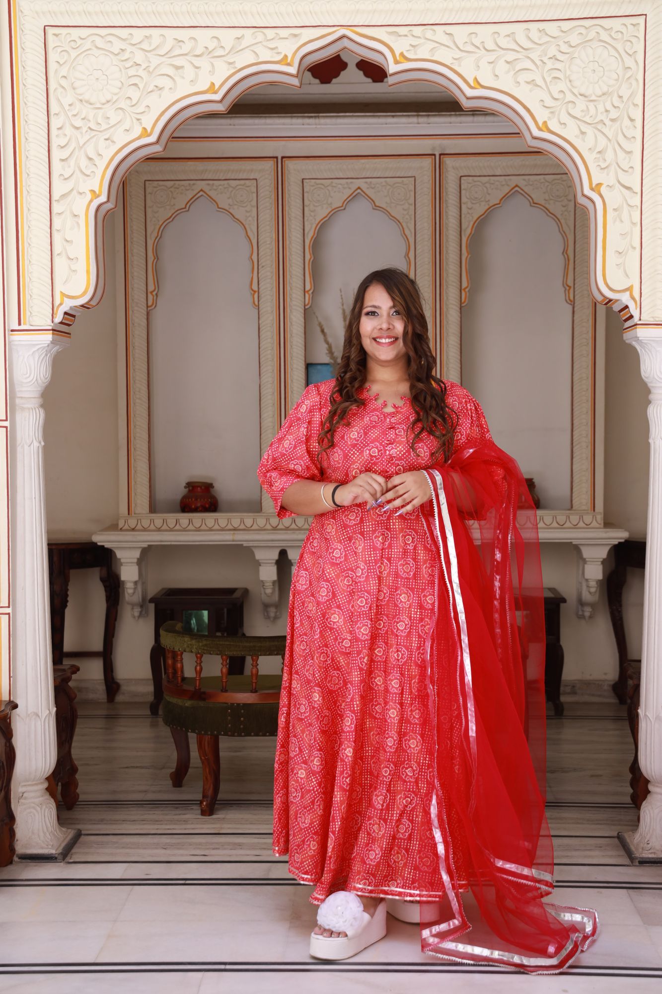 Red bandhani gold Anarkali Set