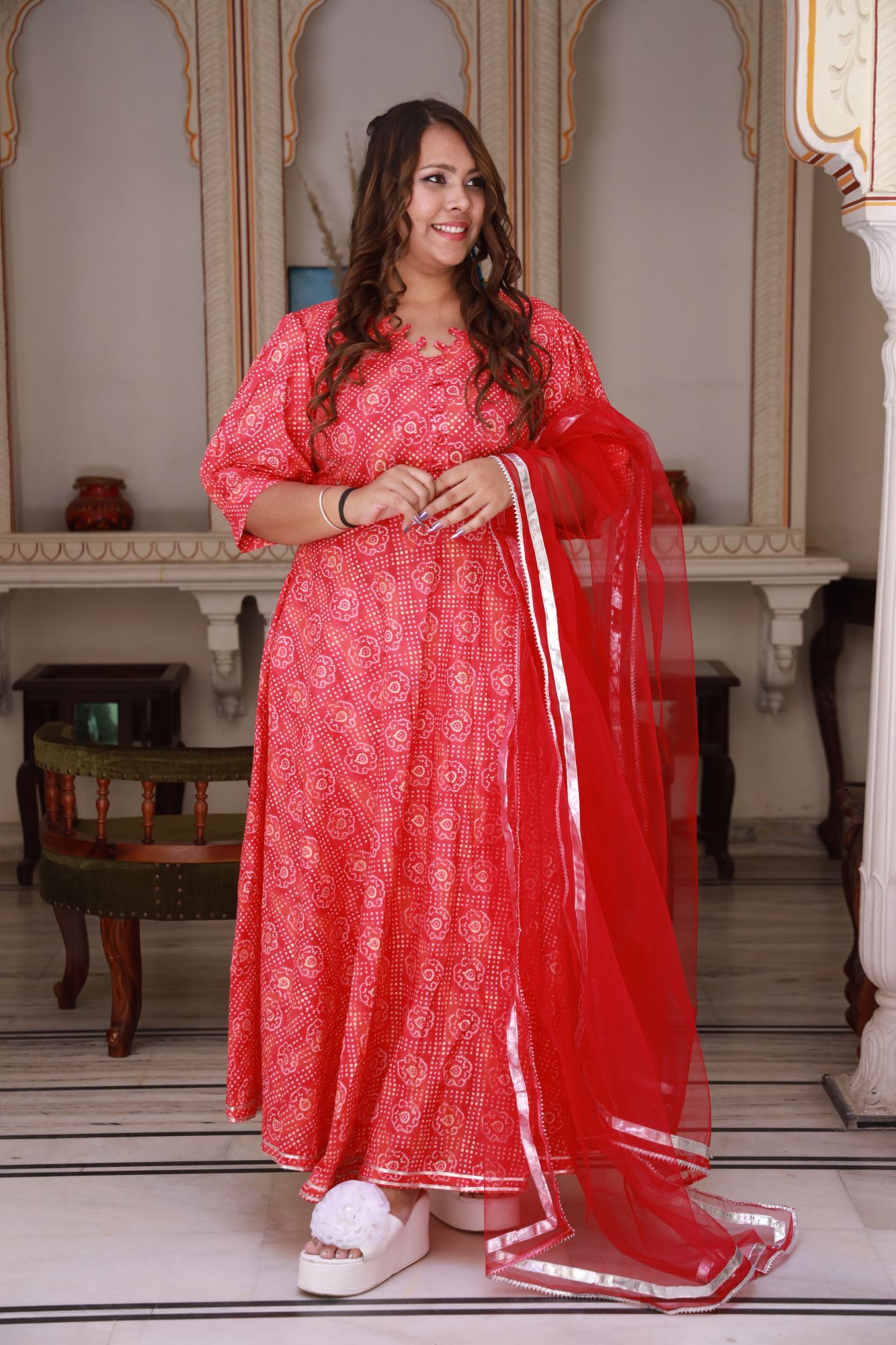 Red bandhani gold Anarkali Set
