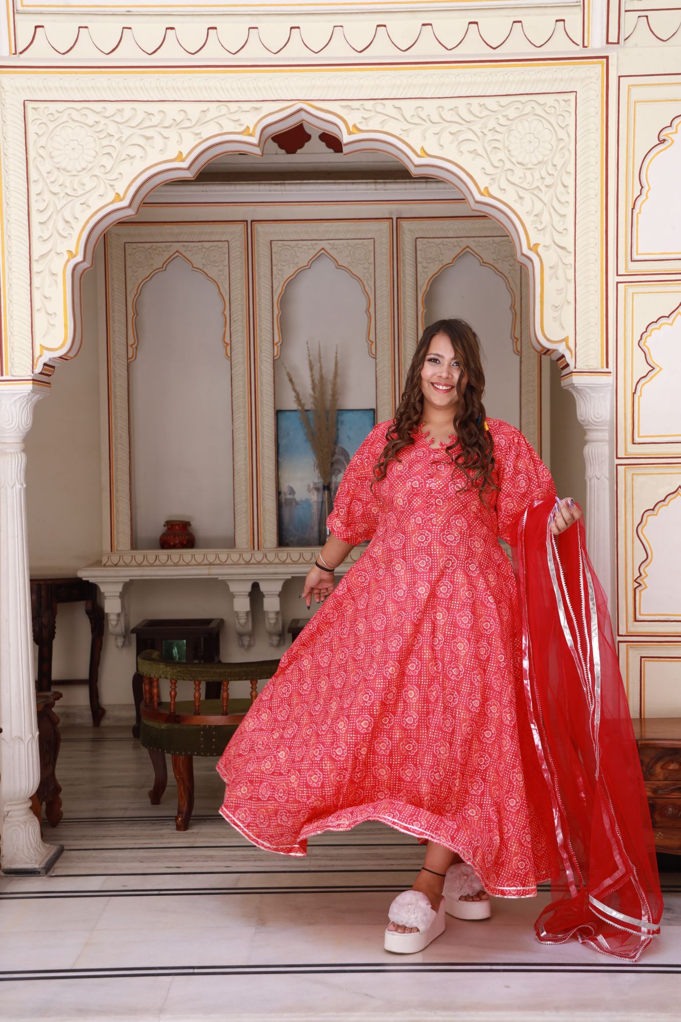 Red bandhani gold Anarkali Set