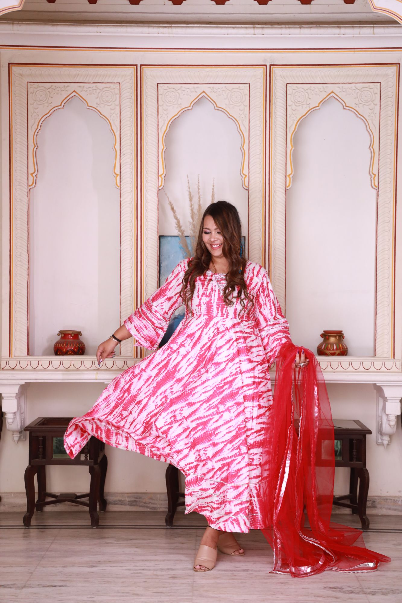 Pink shibori Anarkali Set