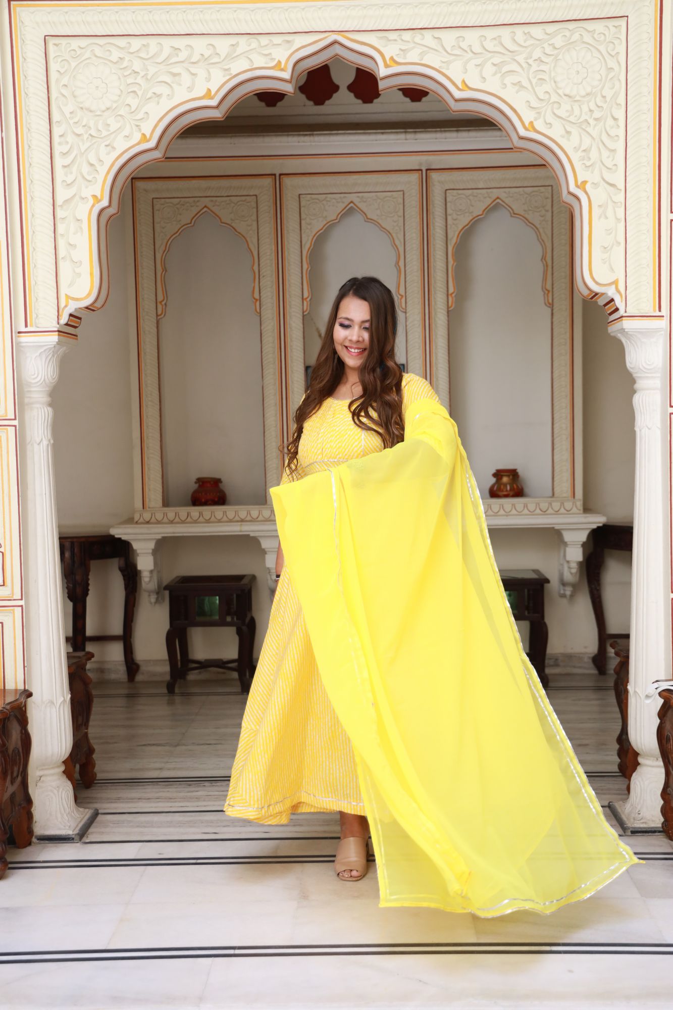 Yellow leheriya Anarkali Set