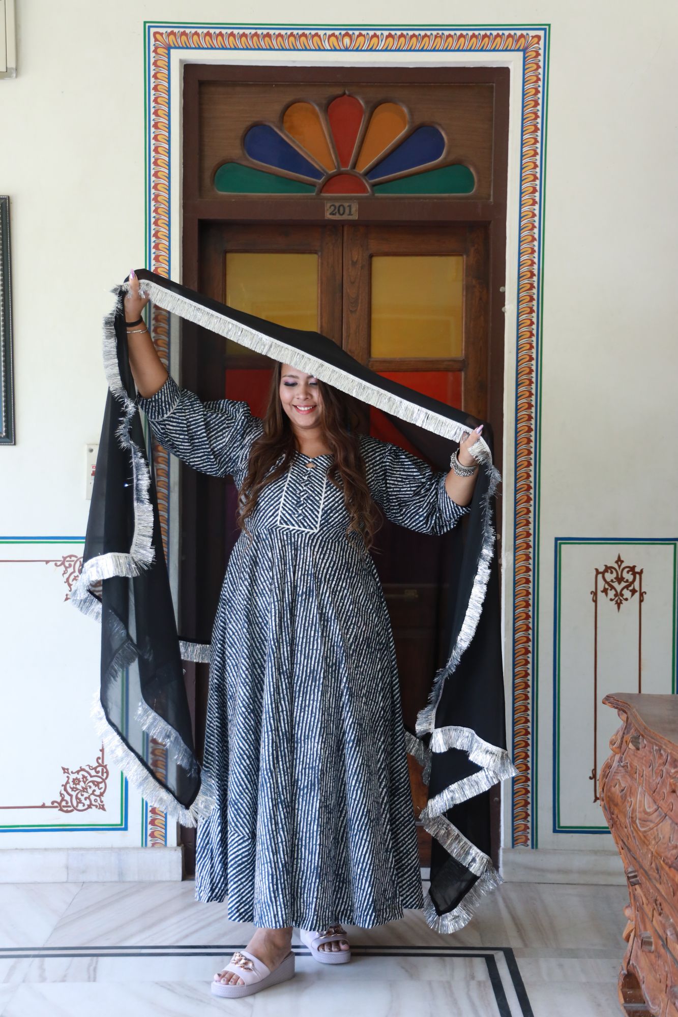 Black Leheriya Anarkali Set