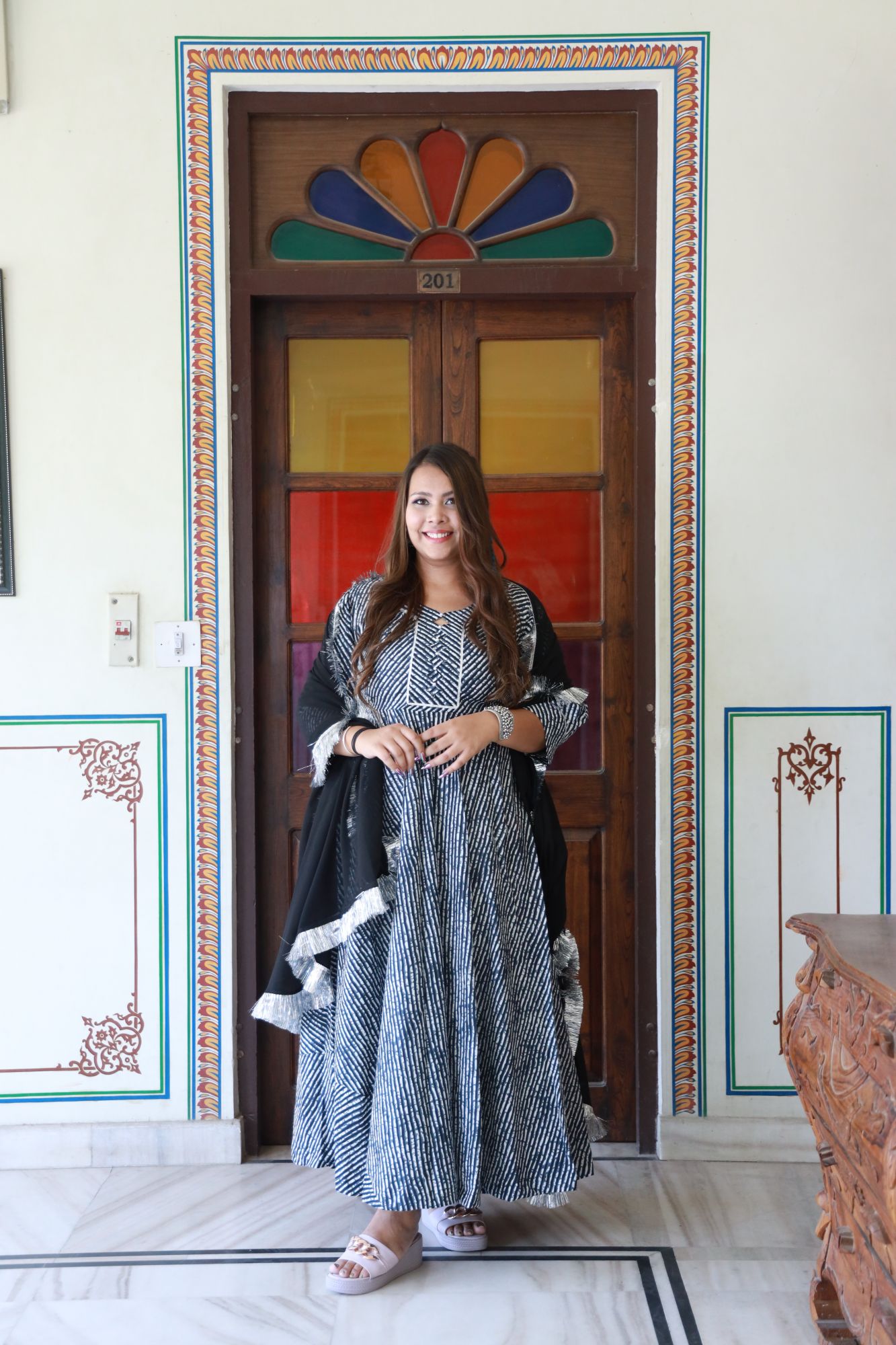 Black Leheriya Anarkali Set