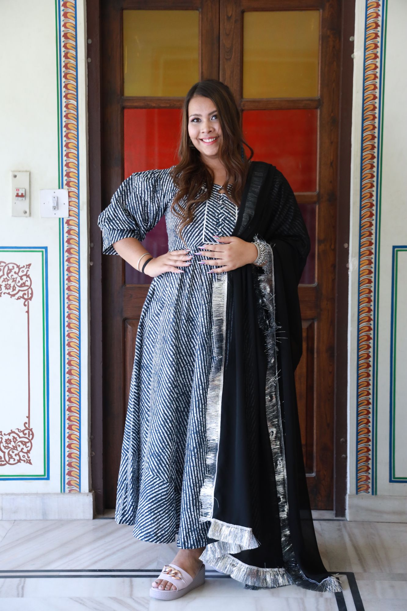Black Leheriya Anarkali Set