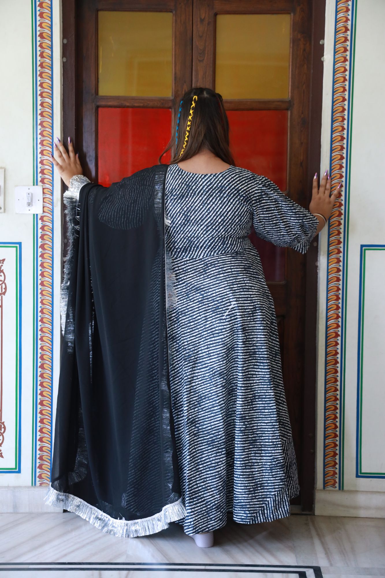 Black Leheriya Anarkali Set