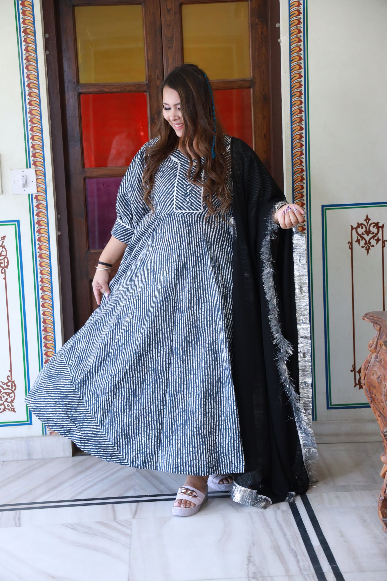 Black Leheriya Anarkali Set