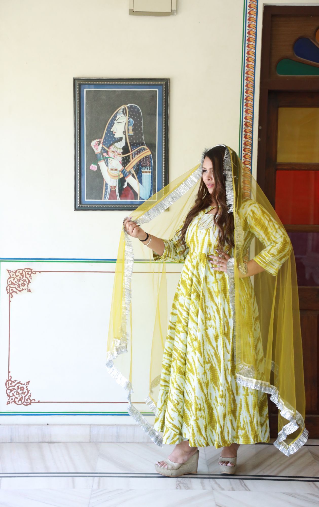 Olive shibori Anarkali Set