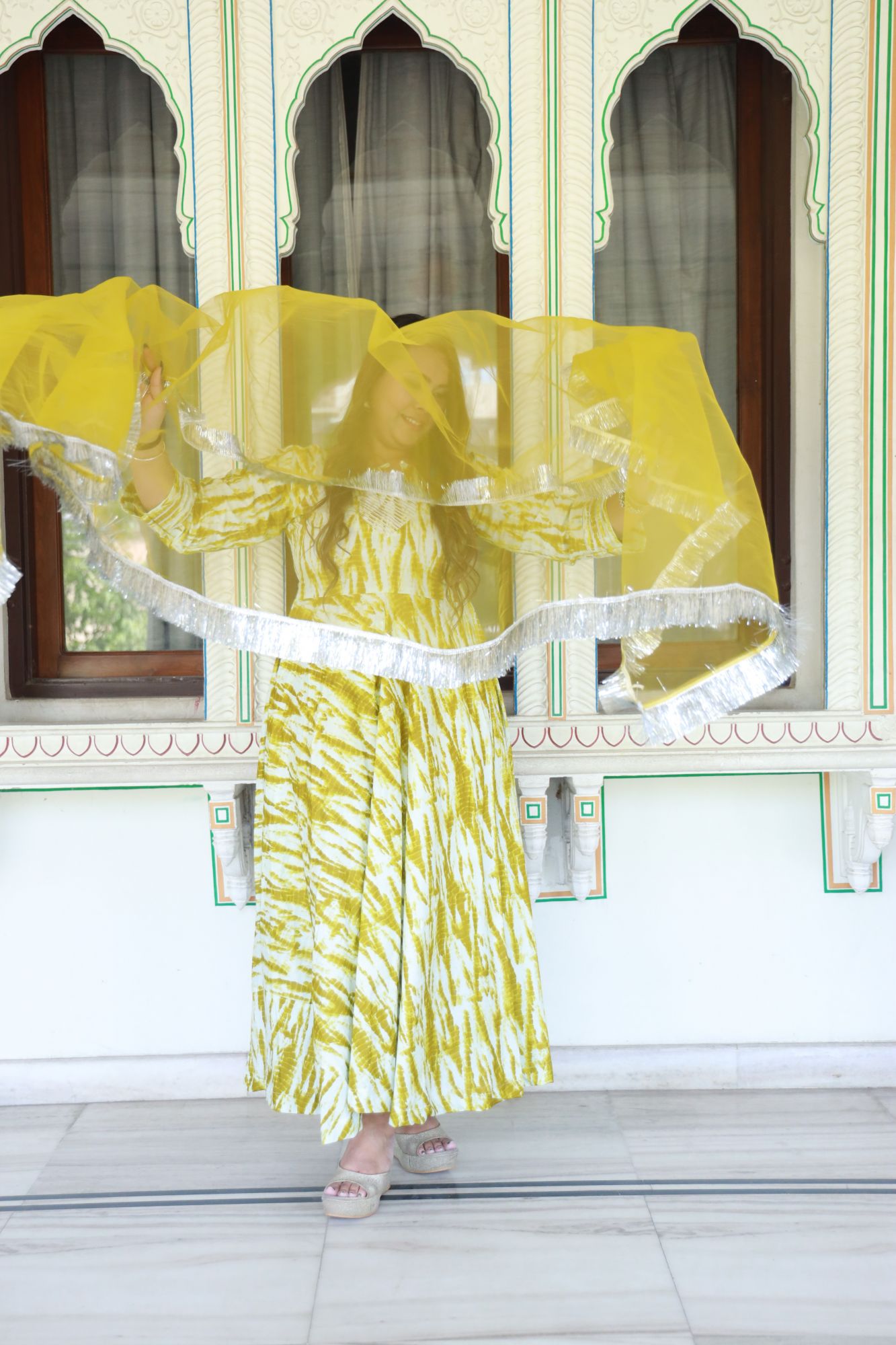 Olive shibori Anarkali Set