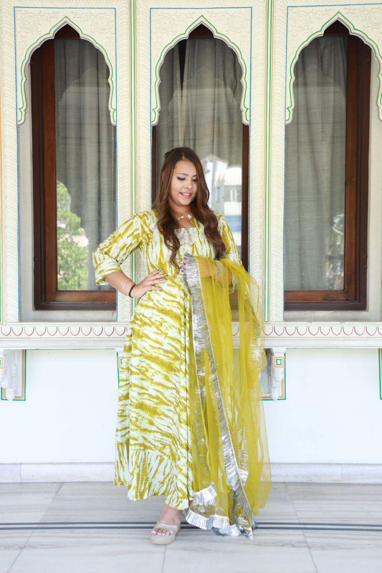Olive shibori Anarkali Set