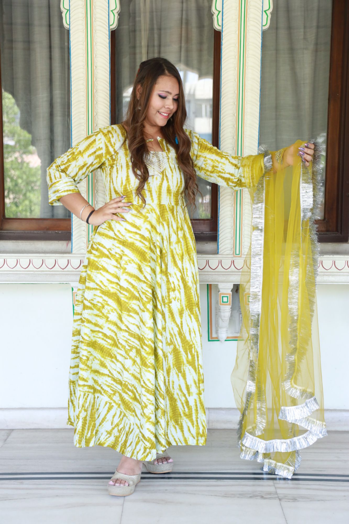Olive shibori Anarkali Set