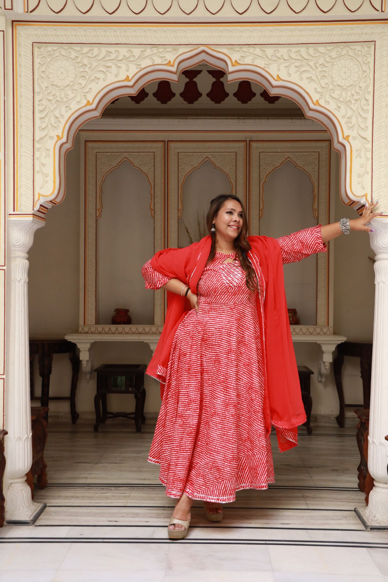 Red leheriya Anarkali Set