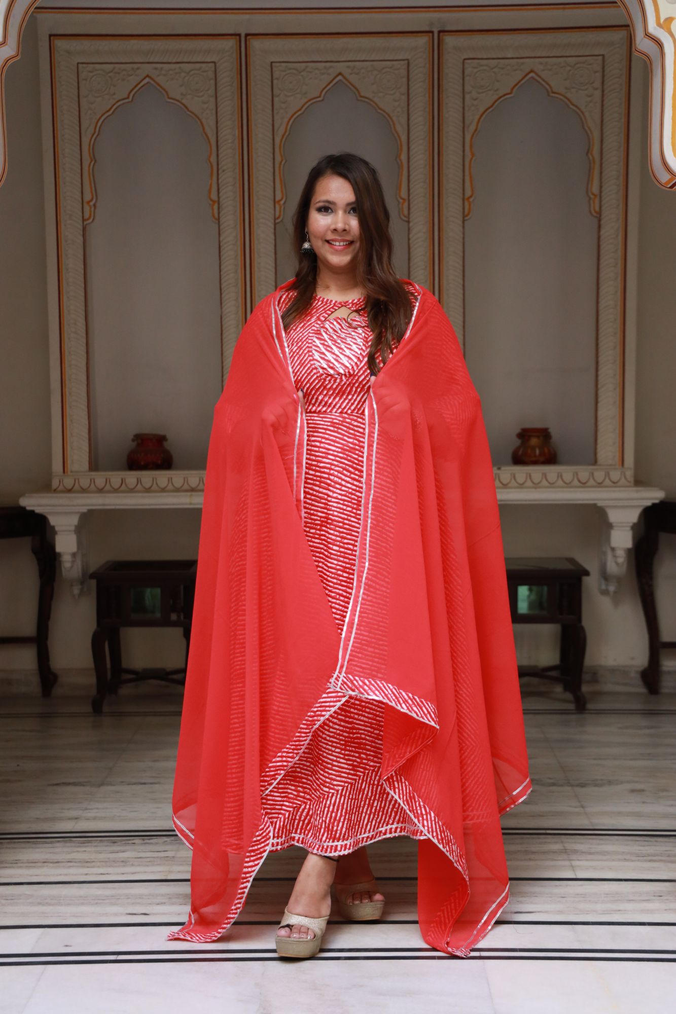 Red leheriya Anarkali Set