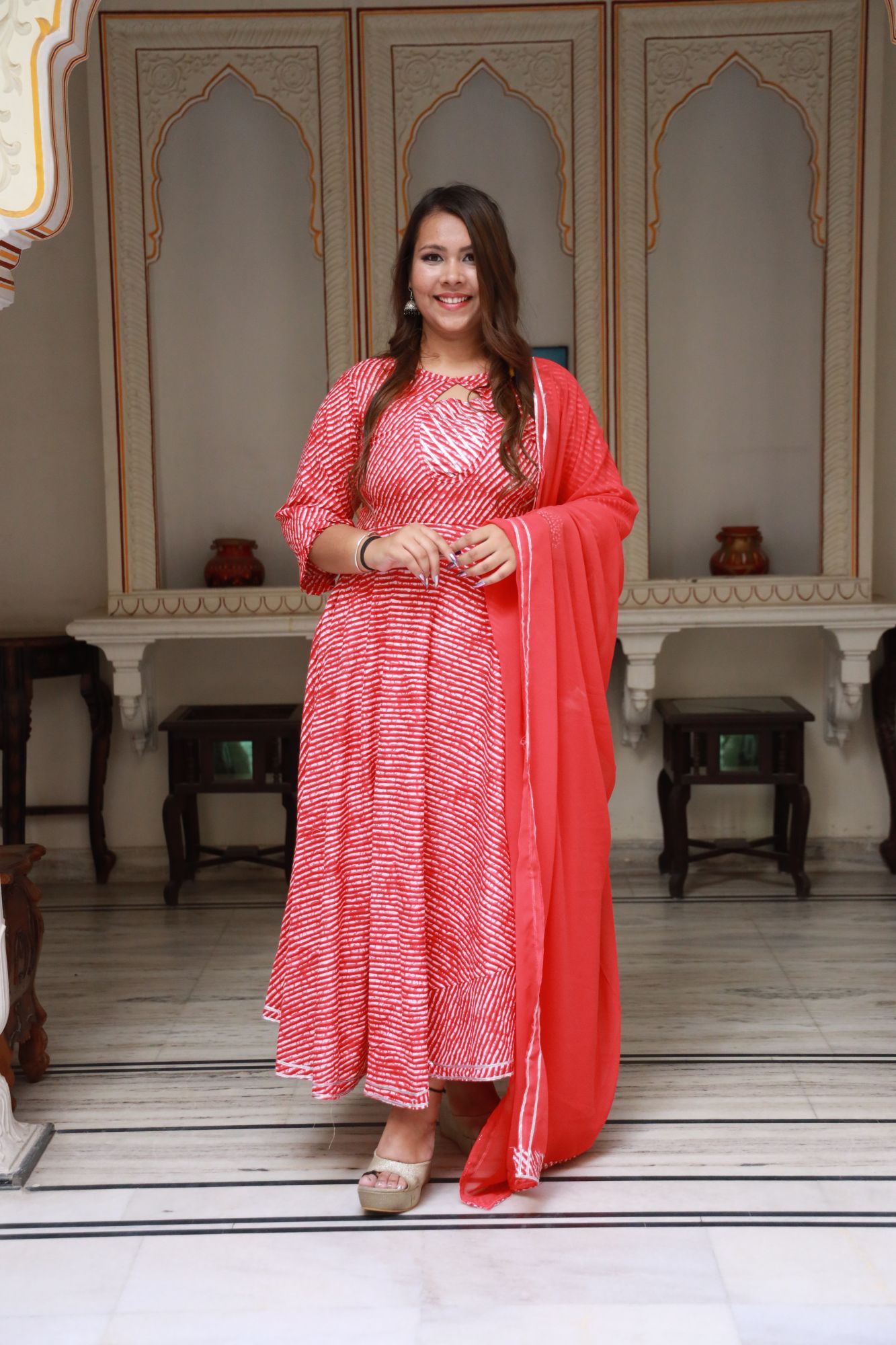 Red leheriya Anarkali Set