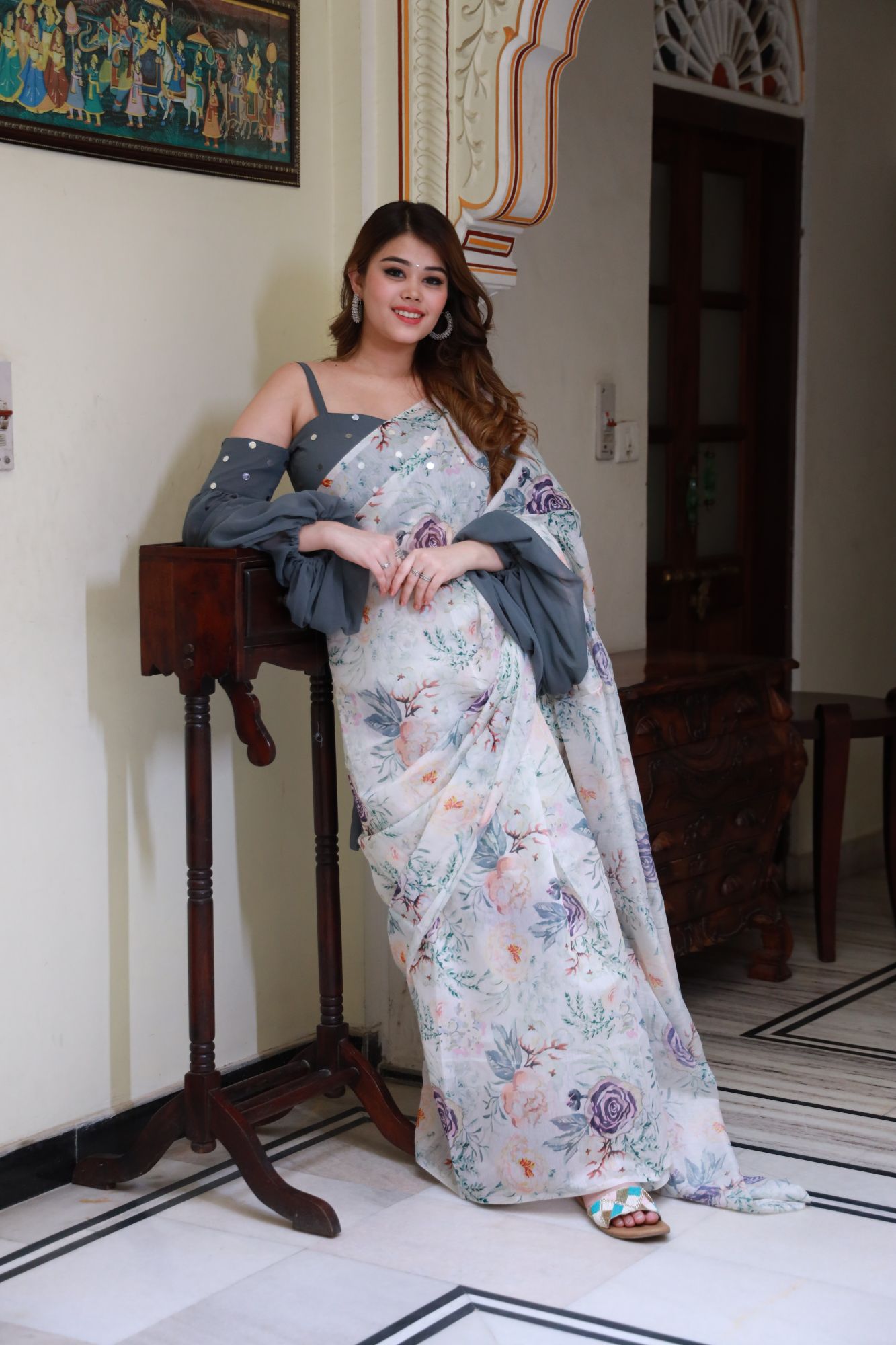 Off-white purple Floral Saree