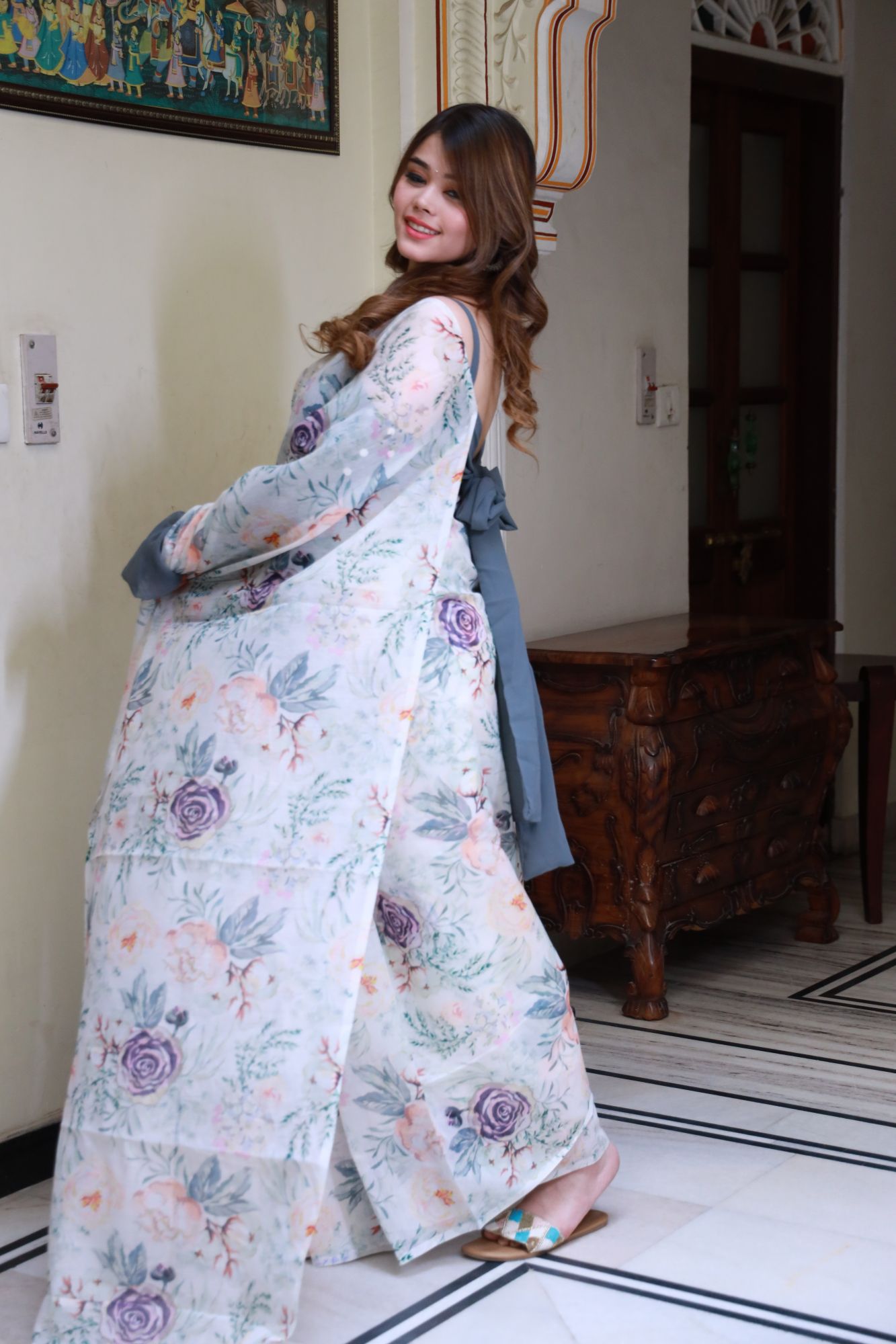 Off-white purple Floral Saree