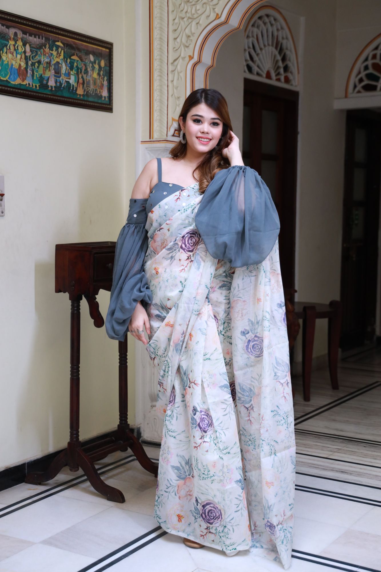 Off-white purple Floral Saree