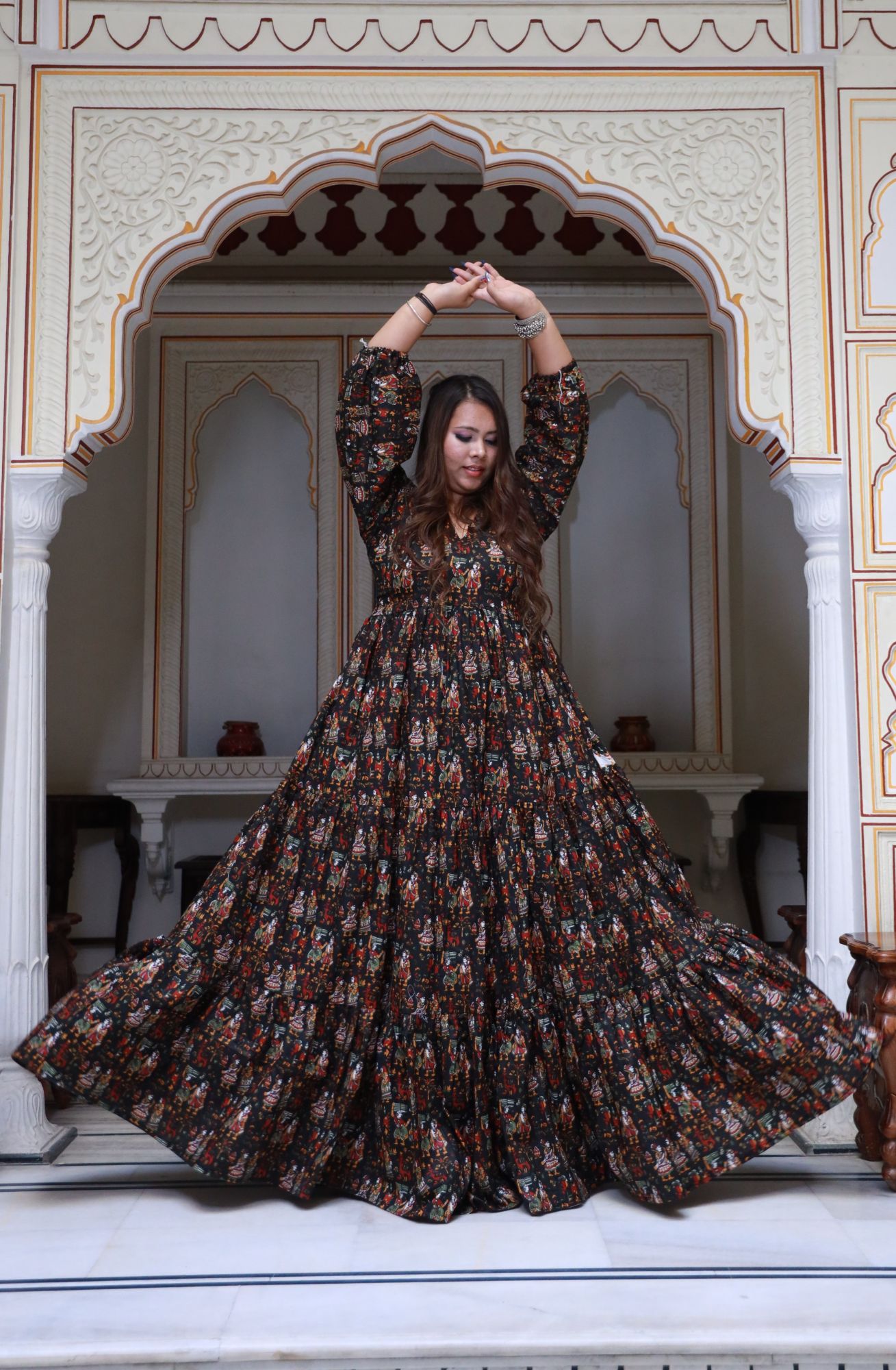 Black printed tiered Anarkali dress
