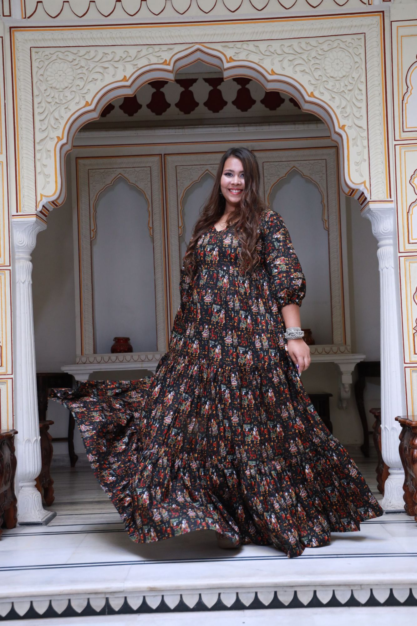 Black printed tiered Anarkali dress