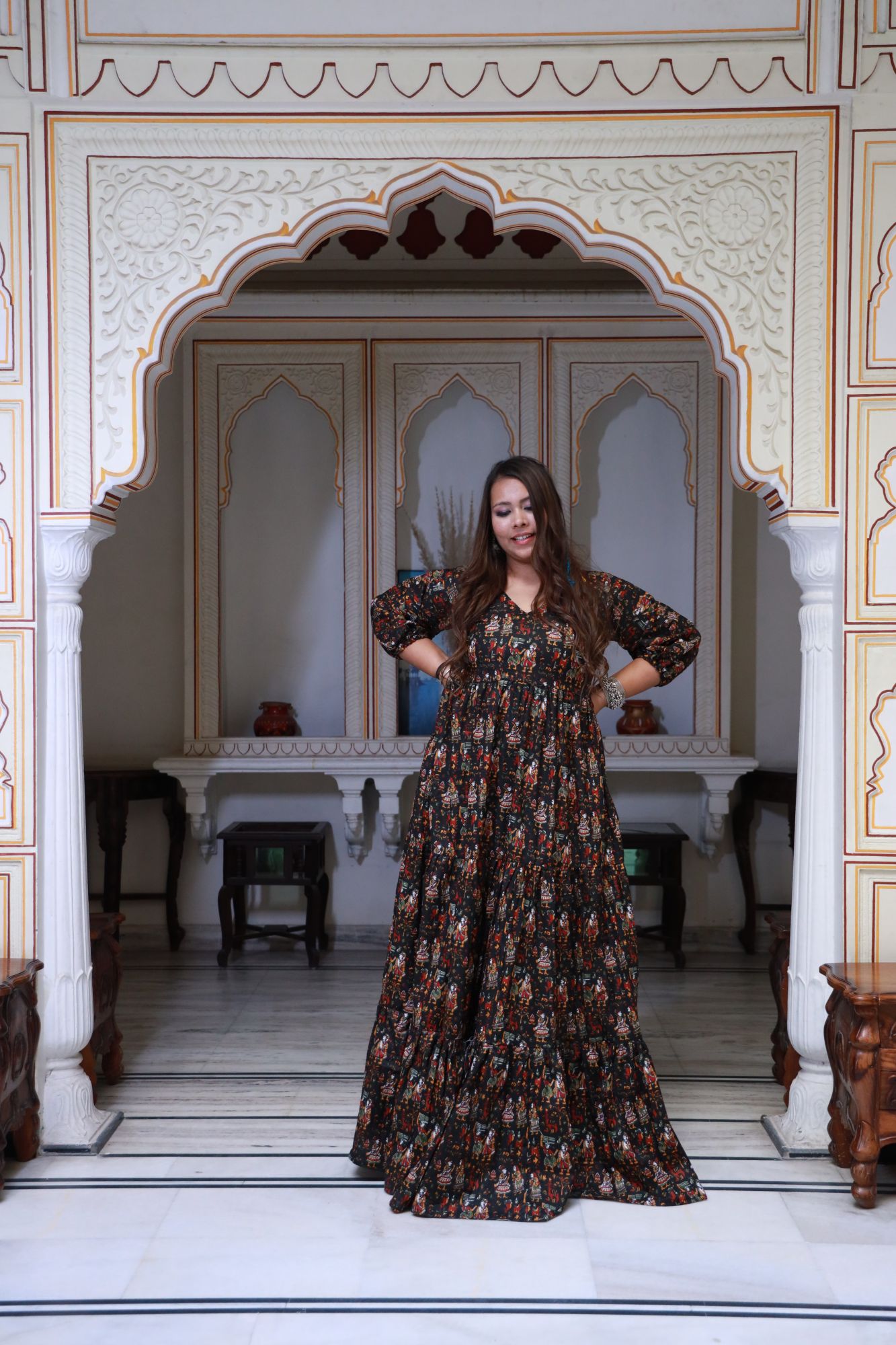 Black printed tiered Anarkali dress