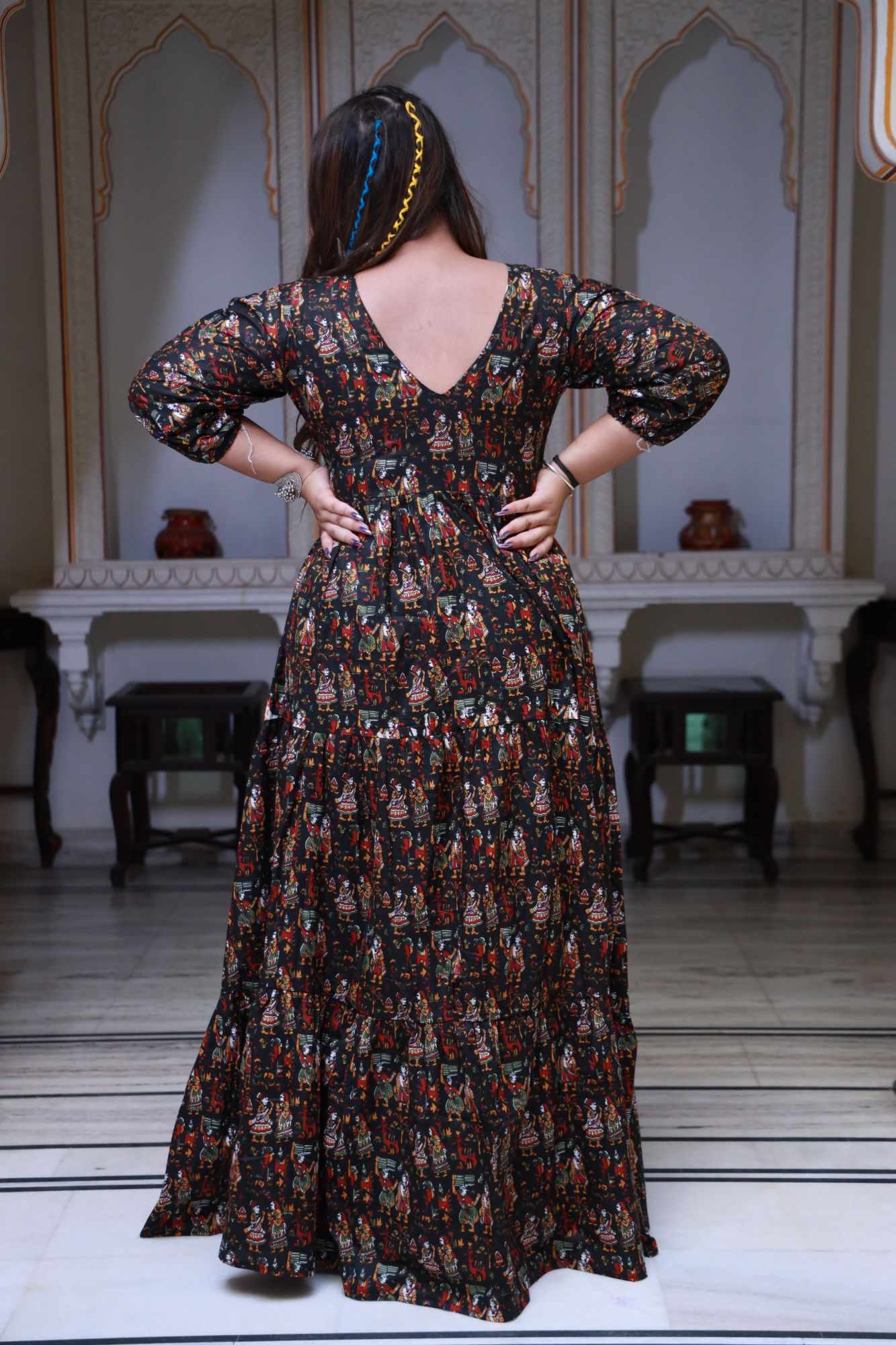 Black printed tiered Anarkali dress