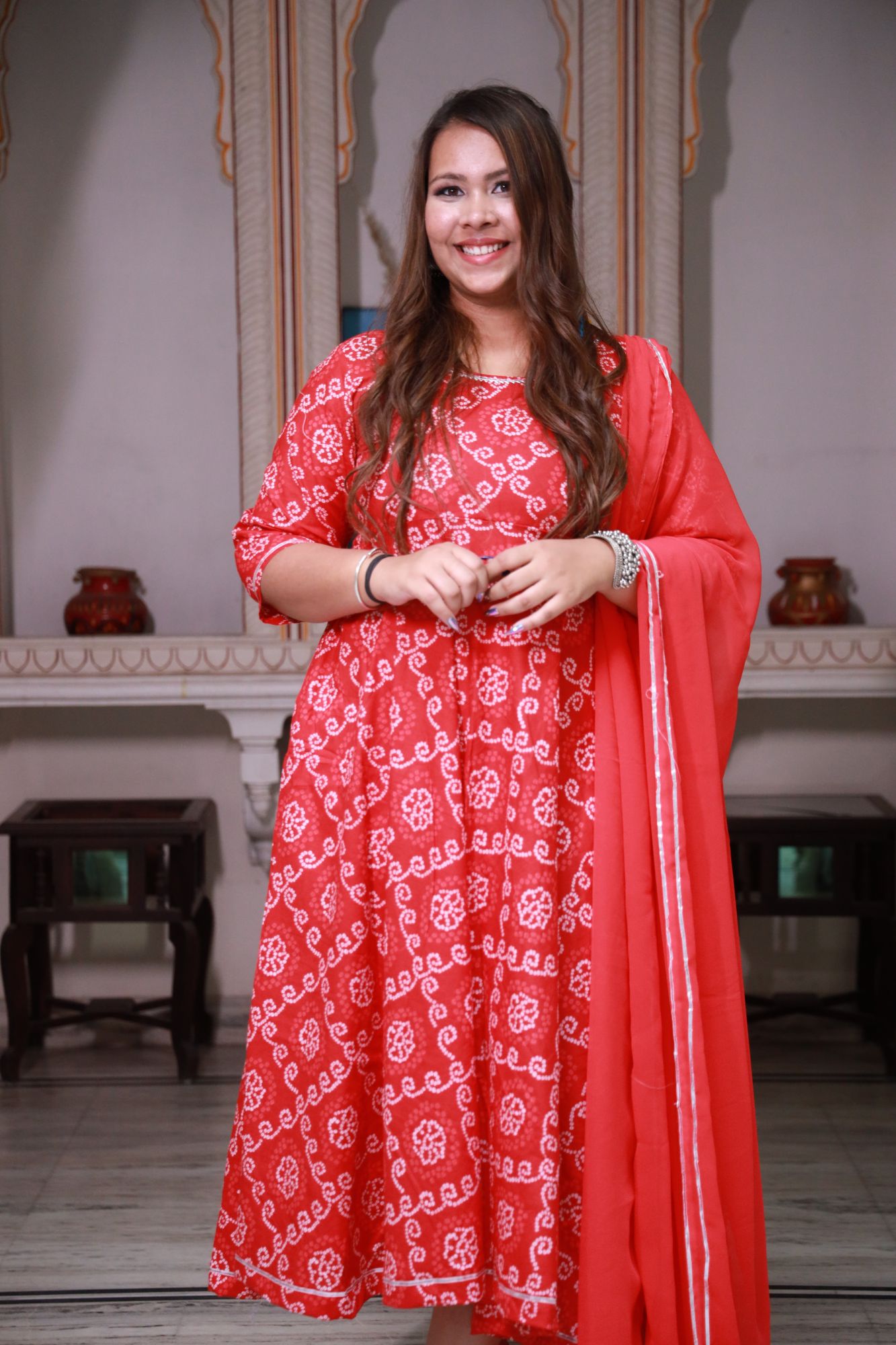 Red bandhani Anarkali Set