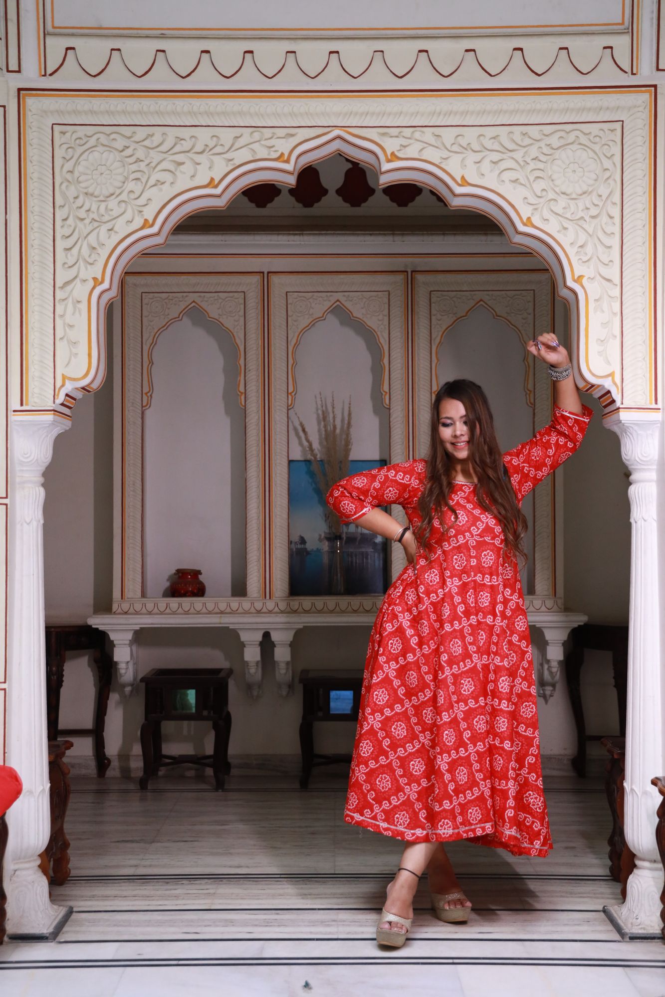 Red bandhani Anarkali Set