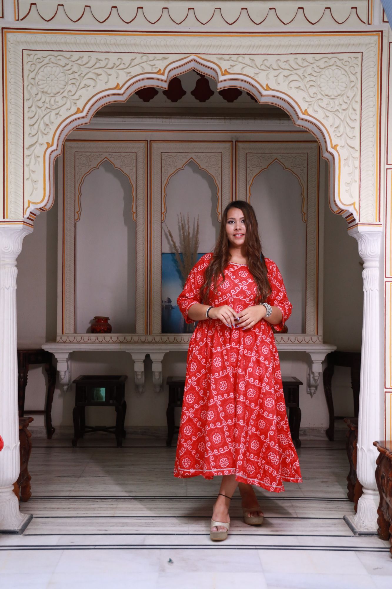Red bandhani Anarkali Set
