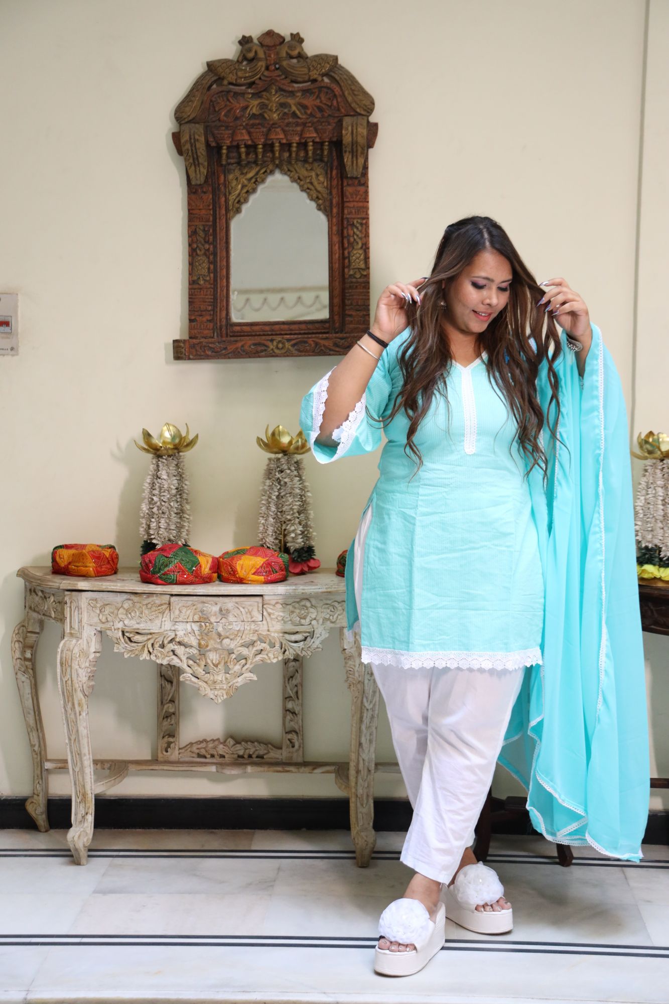 Blue lace kurta set