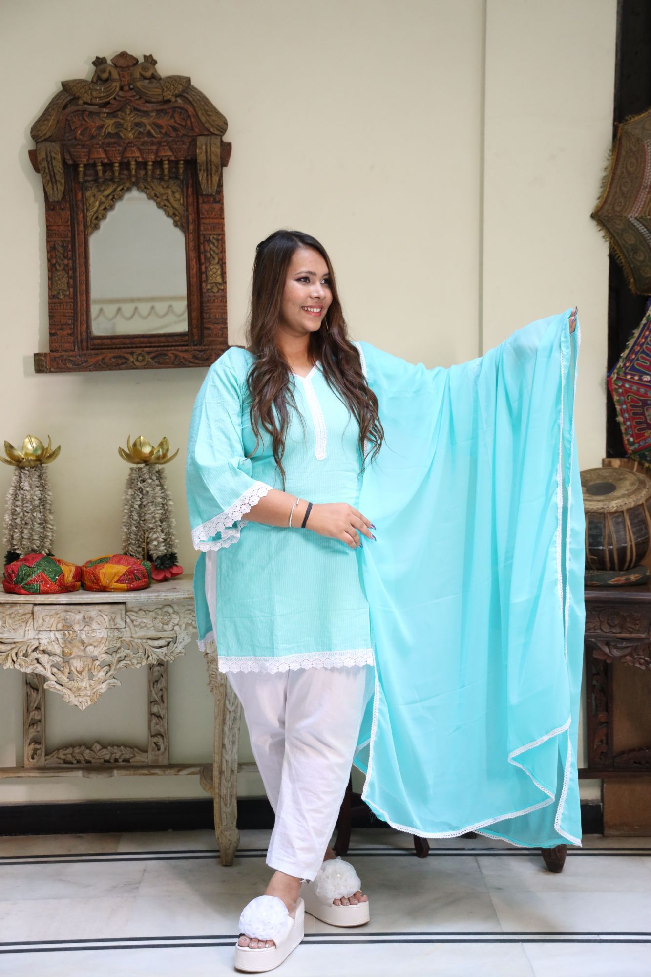 Blue lace kurta set