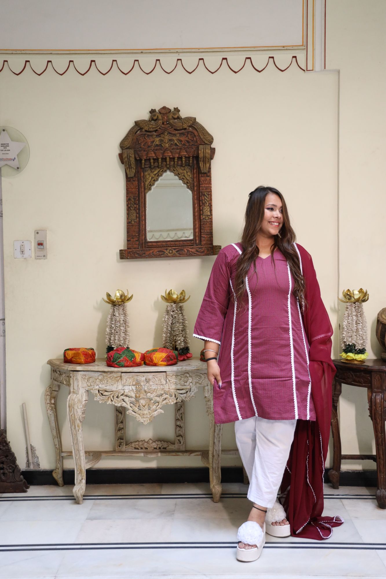 Wine lace kurta set