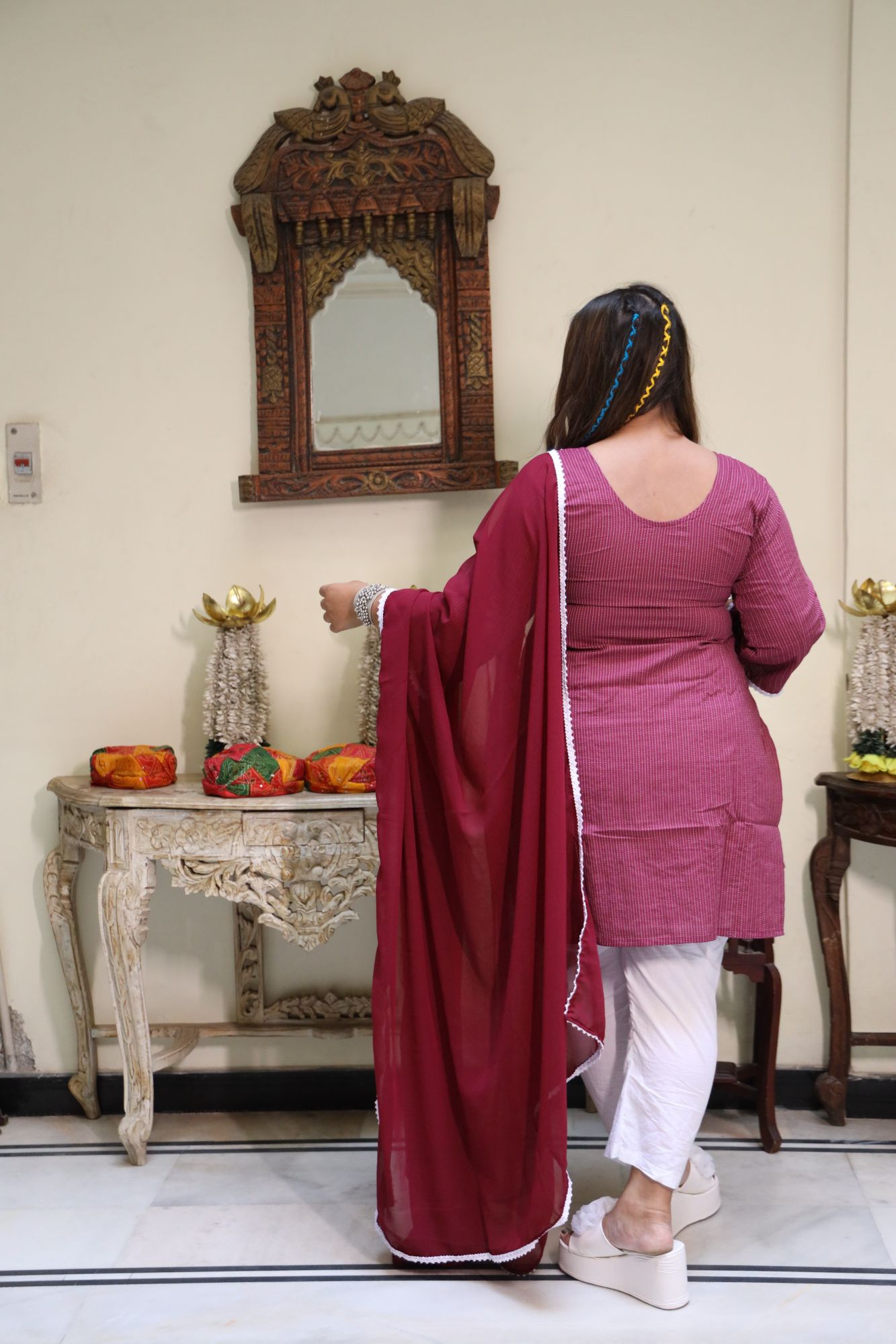 Wine lace kurta set