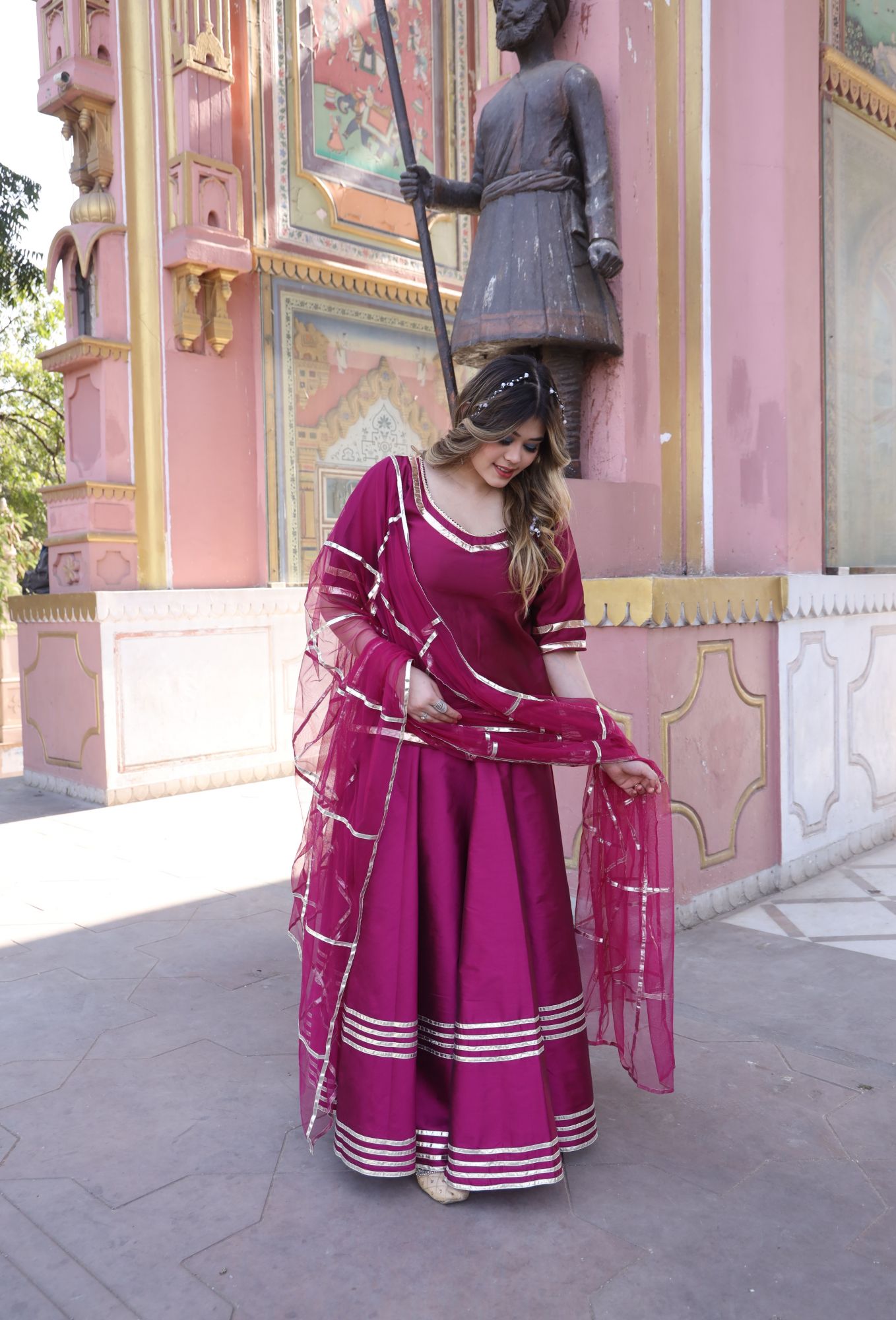 Wine Gota Work Lehenga Set